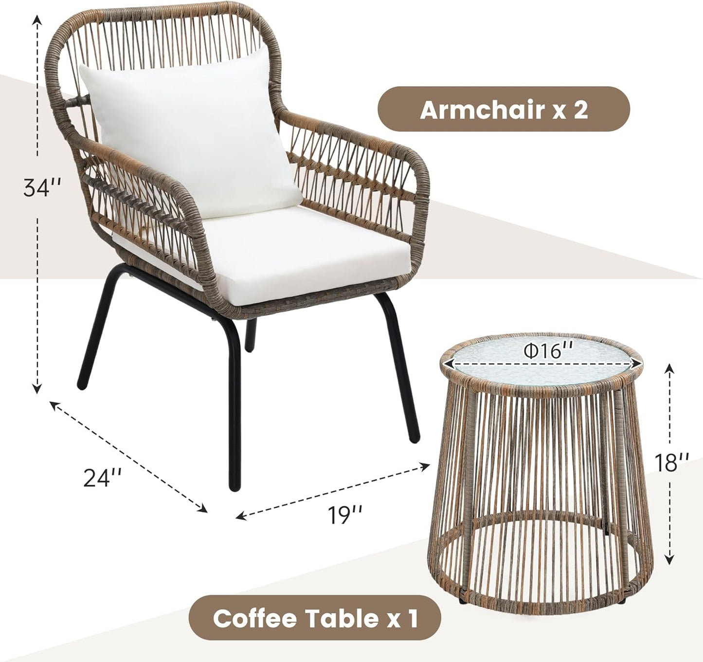3 Pieces Rattan Wicker Bistro Set, Outdoor Conversation Set, Wicker Furniture Set with Glass Top Table, Space Saving for Balcony, Backyard, Natural