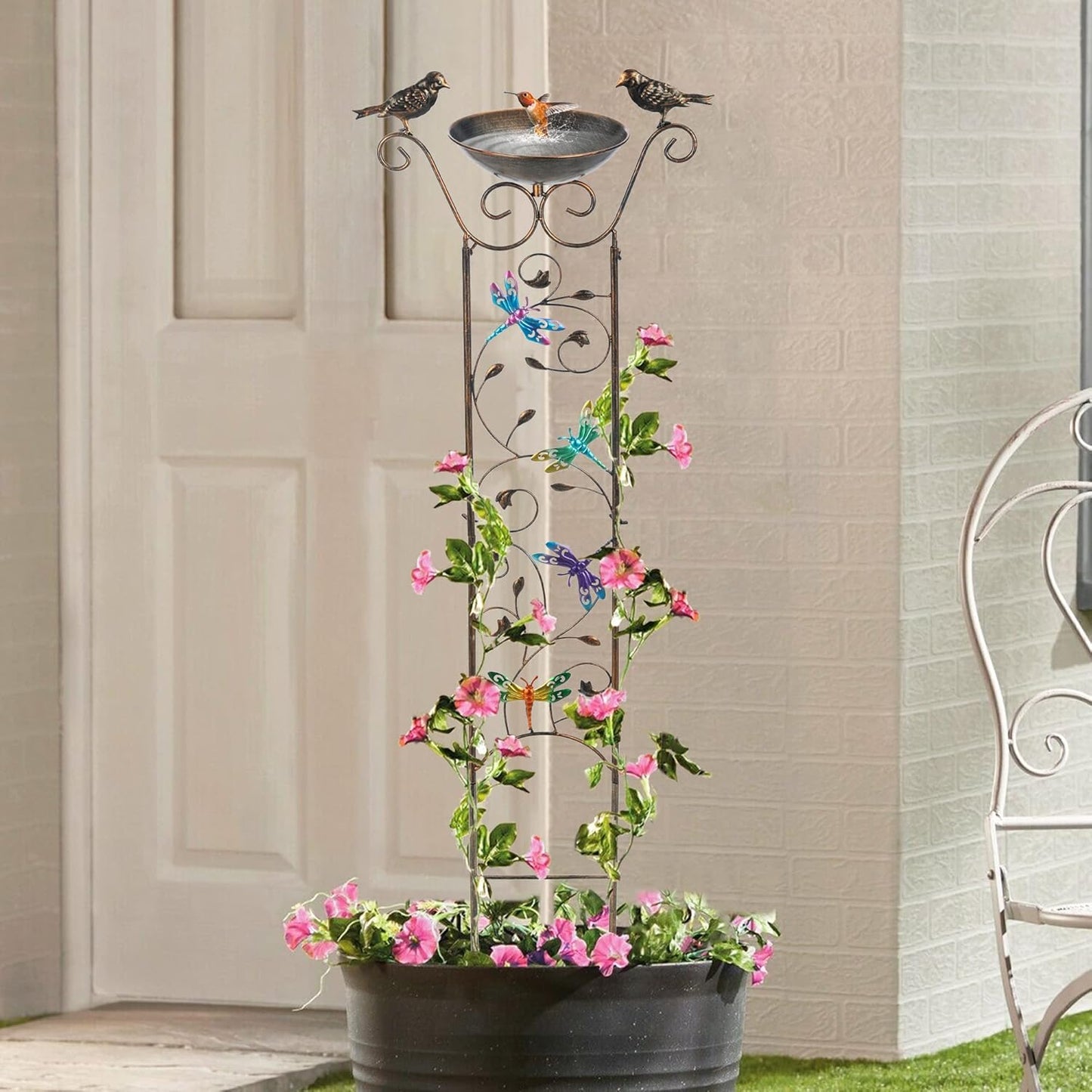 LEWIS&WAYNE Garden Trellis Bird Bath Outdoor, 40 Inch Antique Iron Garden Plant Trellis Decorative with Dragonfly and Detachable Drinking Basin Bowl, Free Standing BirdBath Birdfeeder Station
