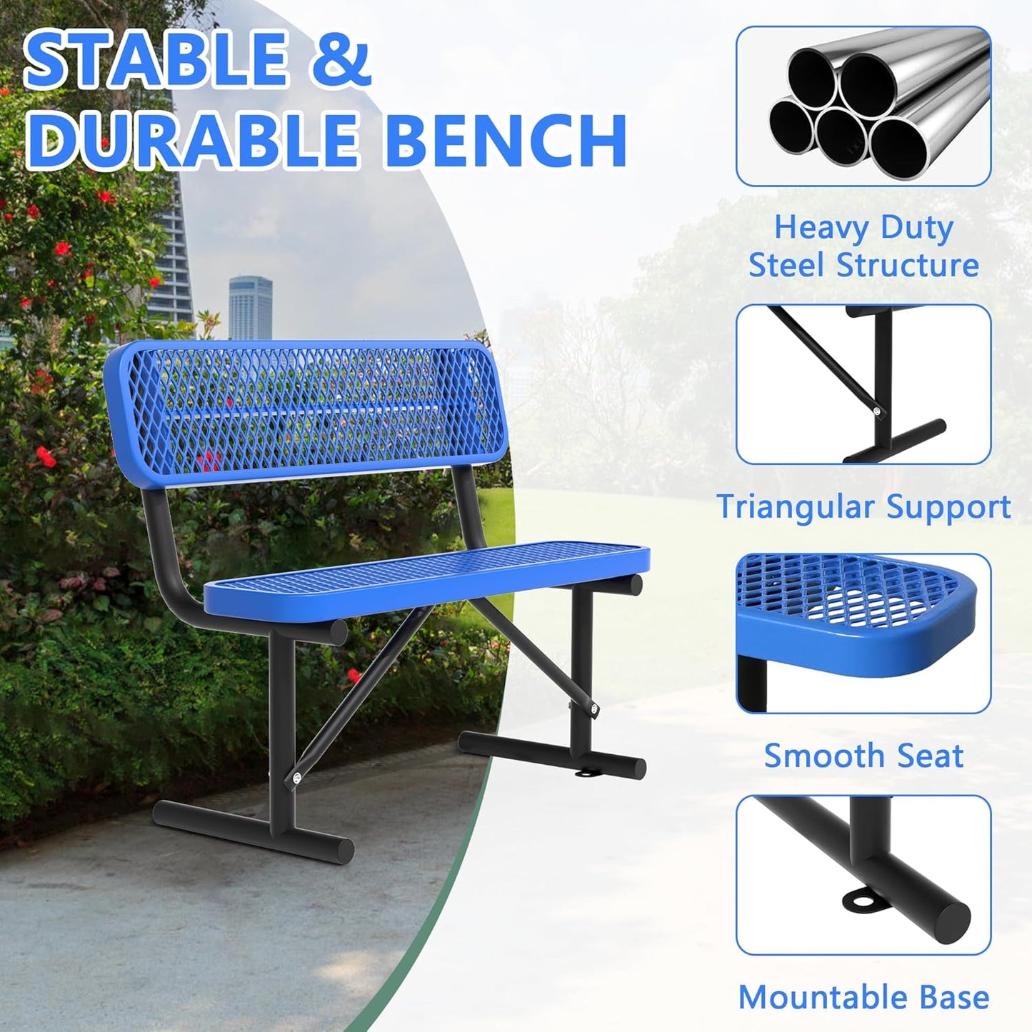Heavy Duty Park Bench with Back Portable Frame, Outdoor Steel Bench with Backrest, Outdoor Park Bench Expanded Metal Mesh Bench for Lawn, Park, Deck, Garden, Patio, Porch, Black (Blue, 4FT)