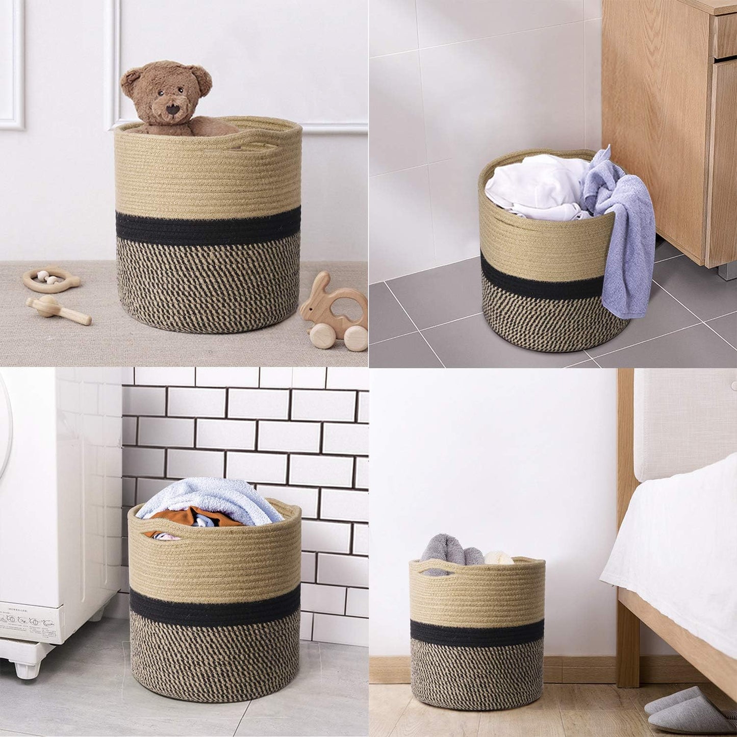 TIMEYARD Sturdy Jute Rope Plant Basket Modern Woven Baskets for 10" Flower Pot Floor Indoor Planters, 11” x 11” Storage Organizer Basket Rustic Home Decor, Black and Beige Stripes