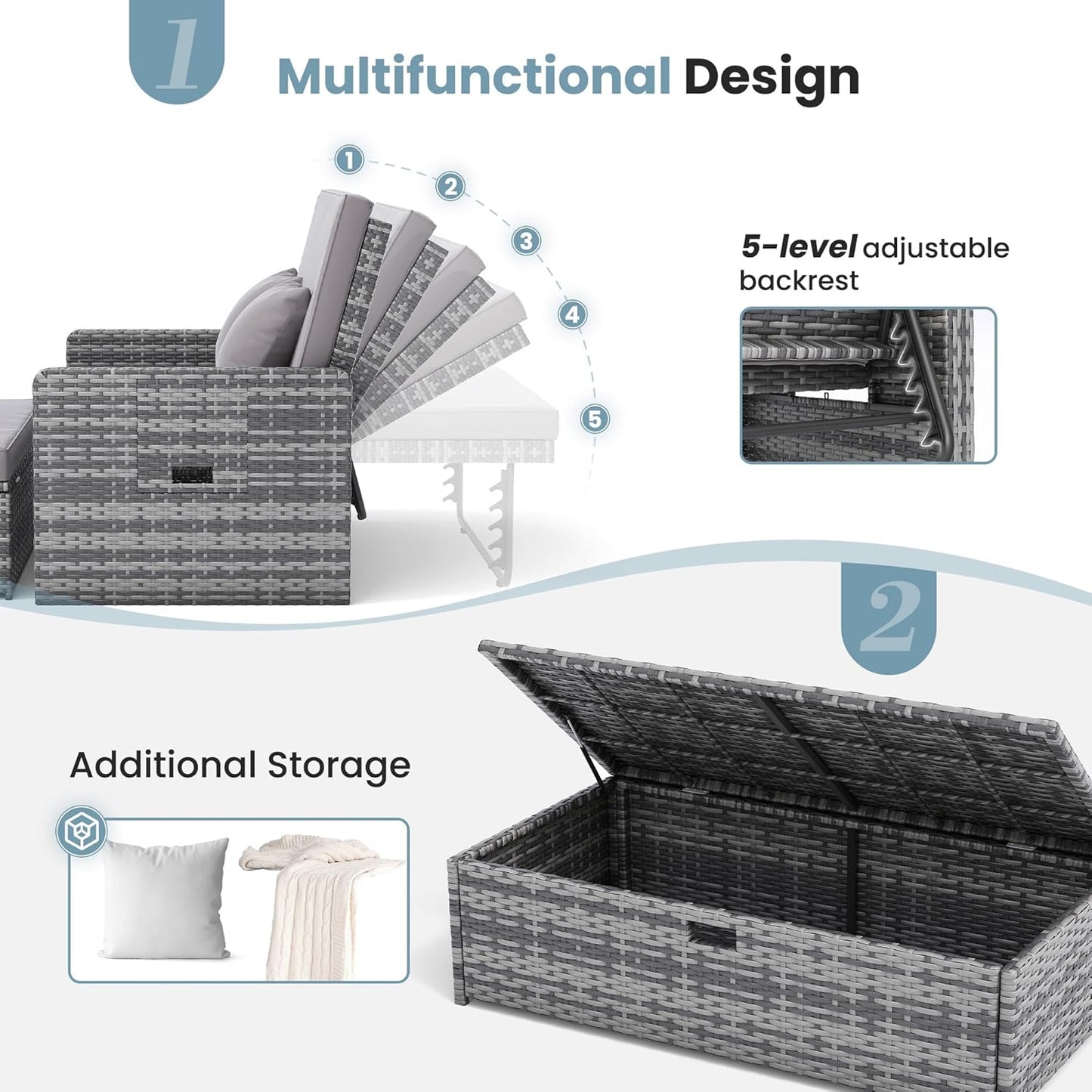 Amopatio Wicker Outdoor Daybed - Outdoor Loveseat with Storage Ottoman,4-Level Adjustable Backrest & Cushions, Patio Loveseat for Yard, Balcony, Porch, Garden, Poolside(Grey)
