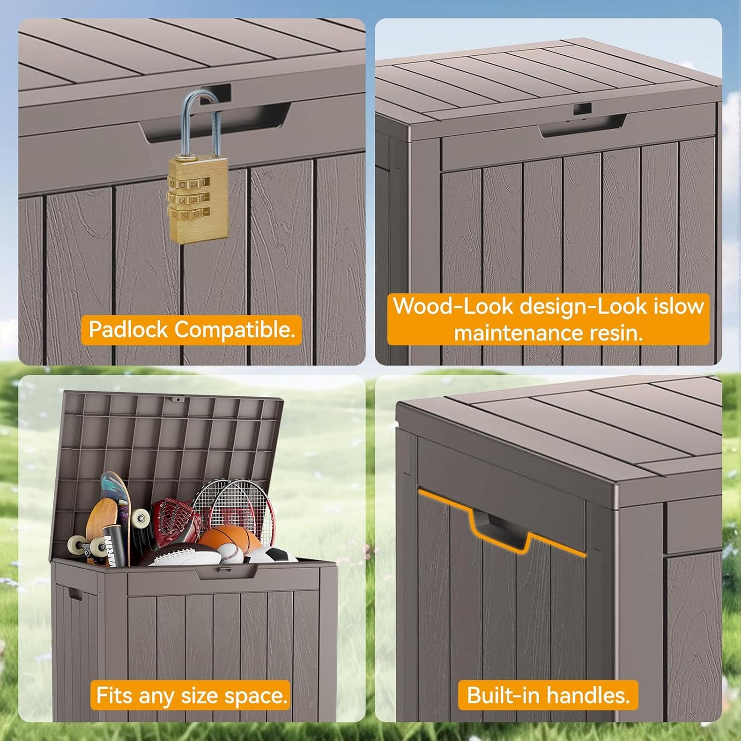 KAMABOKO Deck Box, 32 Gallon Resin Indoor and Outdoor Storage Boxes Waterproof for Garden Tools, Pool Accessories Storage Bench, Patio Furniture and Cushions with Lockable Lid, Grey