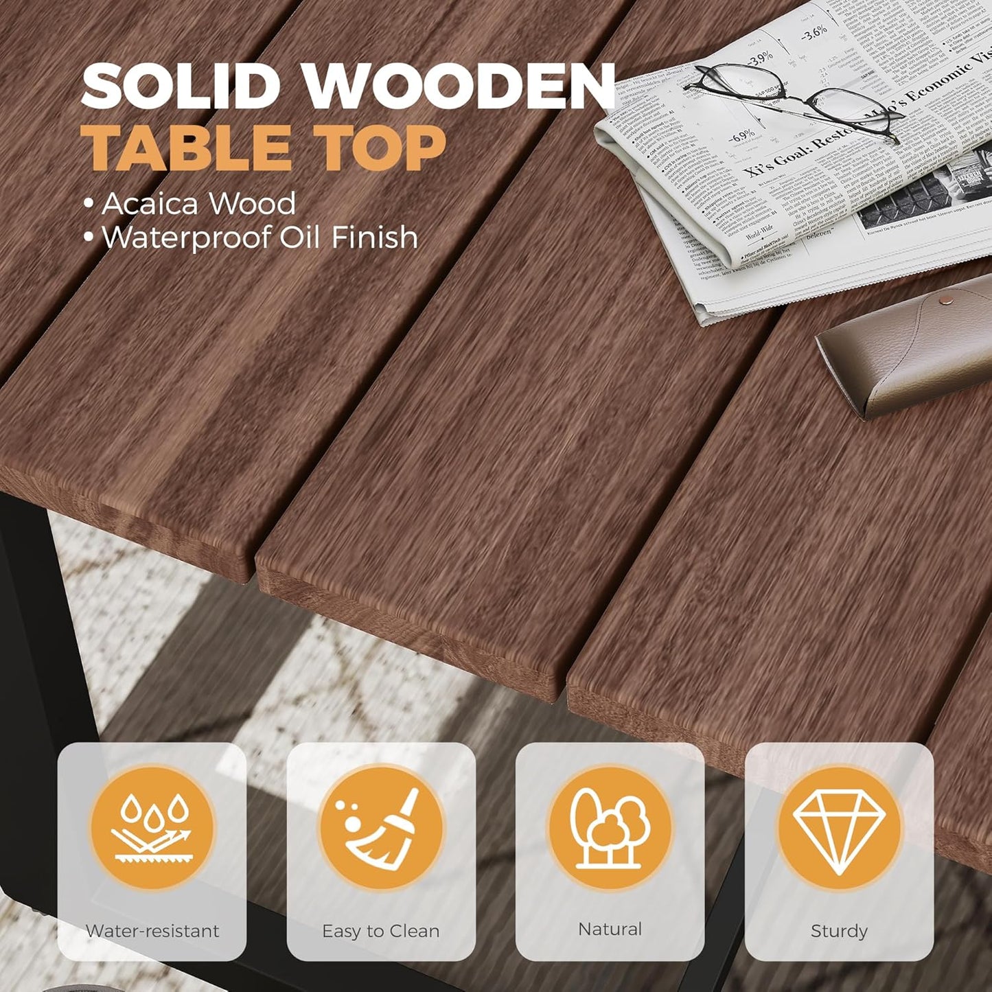 HAPPATIO Outdoor Acacia Wood Dining Table, 8-Person Patio Dining Table with Powder-Coated Aluminum Frame, Rectangle Outdoor Dining Table with Umbrella Hole for Deck Yard Garden