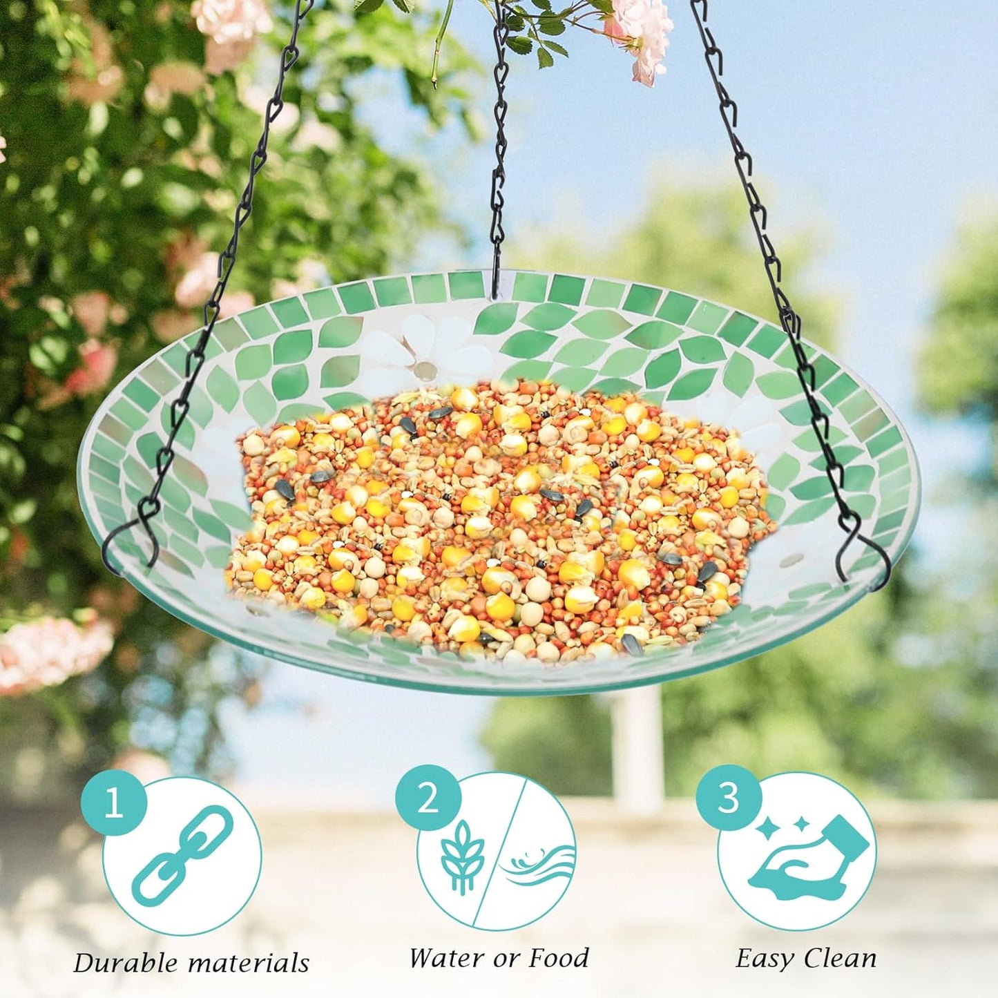 VCUTEKA Hanging Bird Bath, Glass Mosaic Bird Baths for Outdoors Birdfeeder with 21 inch Rust-Proof Chain for Garden Yard Decor