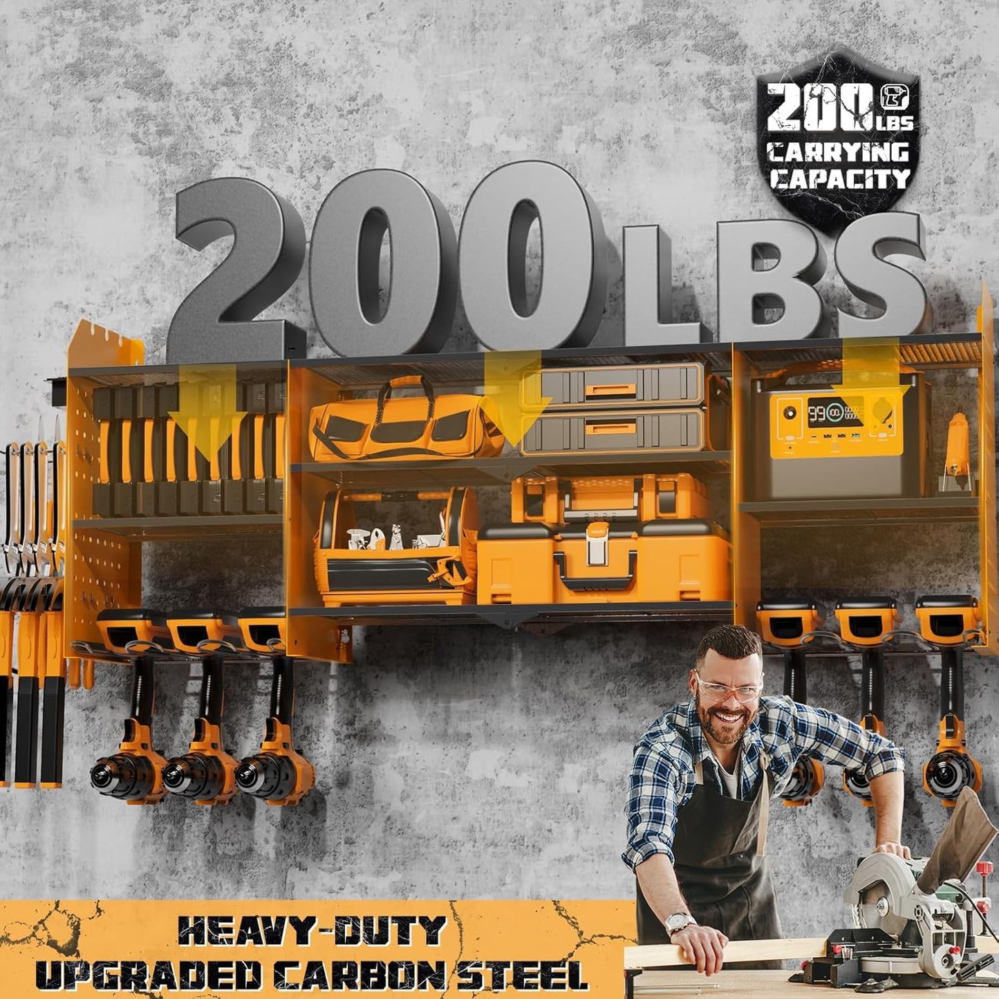 Power Tool Organizer Wall Mount with Charging Station, 45.5" Garage Organization Wall Mounted, 3 Layers Electric Cordless Drill Holder with Outlet Power Strips, Garage Tool Storage for Impact Wrenches