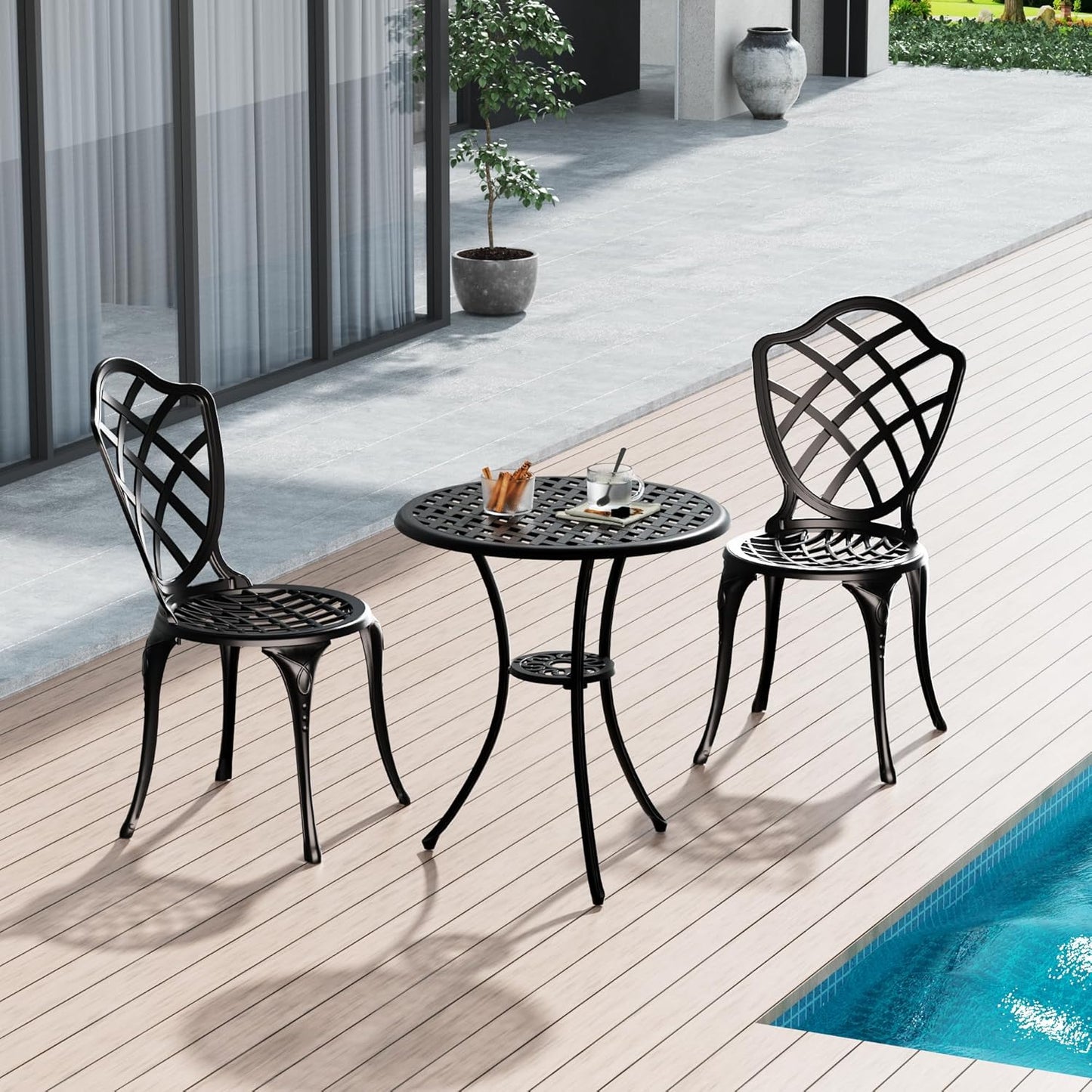 3 Piece Patio Bistro Set, Outdoor Bistro Table and Chairs Set of 2 w/Umbrella Hole, Rust-Resistant Cast Aluminum Bistro Set for Garden/Balcony/Backyard, Black