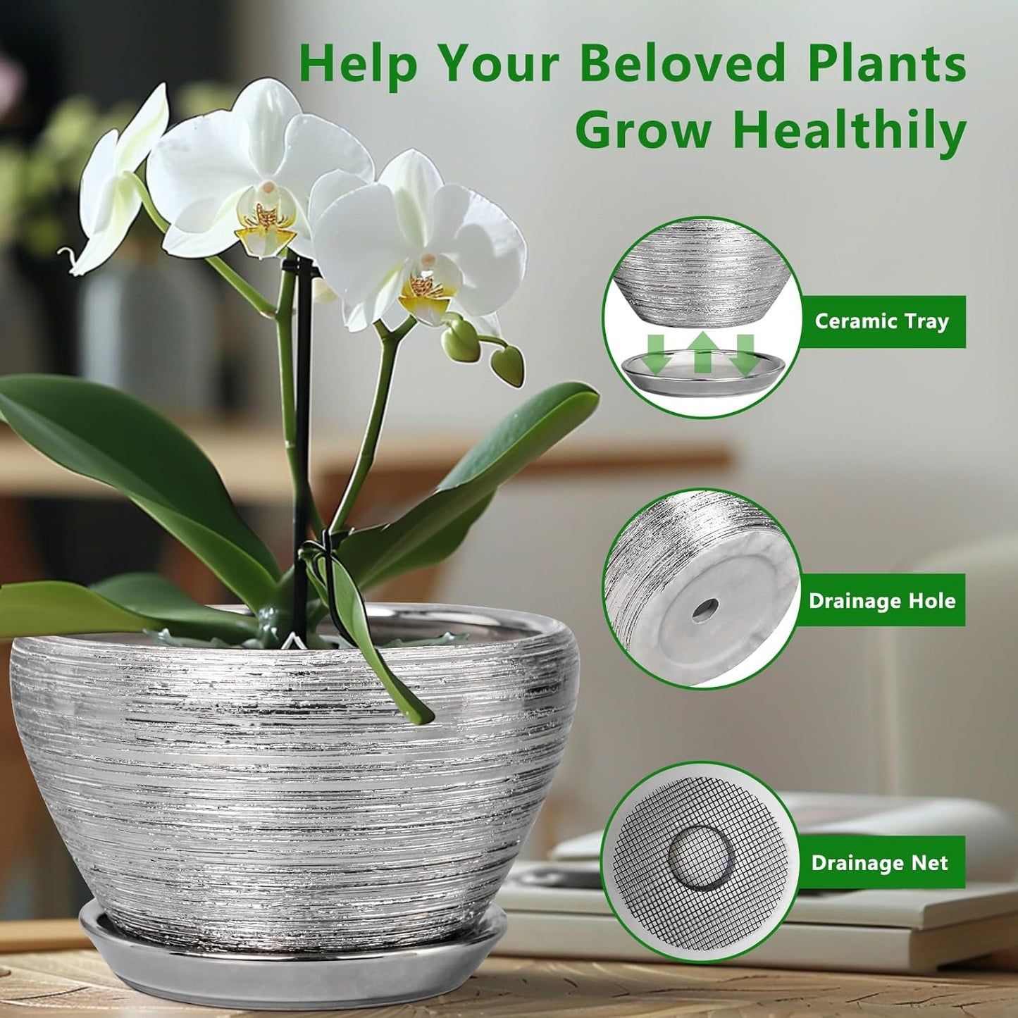 Flower Pot for Indoor Plants - Ceramic Planter 13 Inch Plant Pot with Drainage Hole and Saucer Large Decorative Planter Outdoor Mid-Century Planter for House Decor Silver
