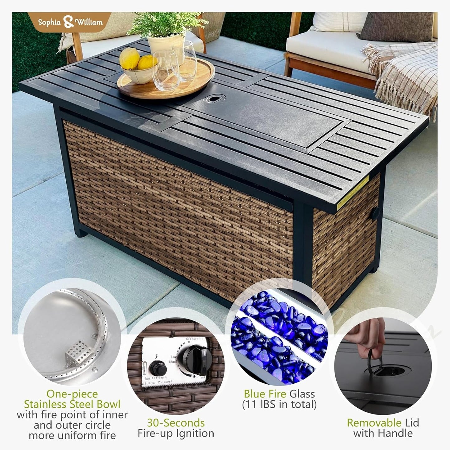 Sophia & William Patio Furniture Set with Fire Pit Table, 9 Piece Half Moon Outdoor Wicker Sectional Sofa Set, Rattan Conversation Set with 56-Inch Fire Pit Table for Backyard, Deck, Pool(Aqua Blue)