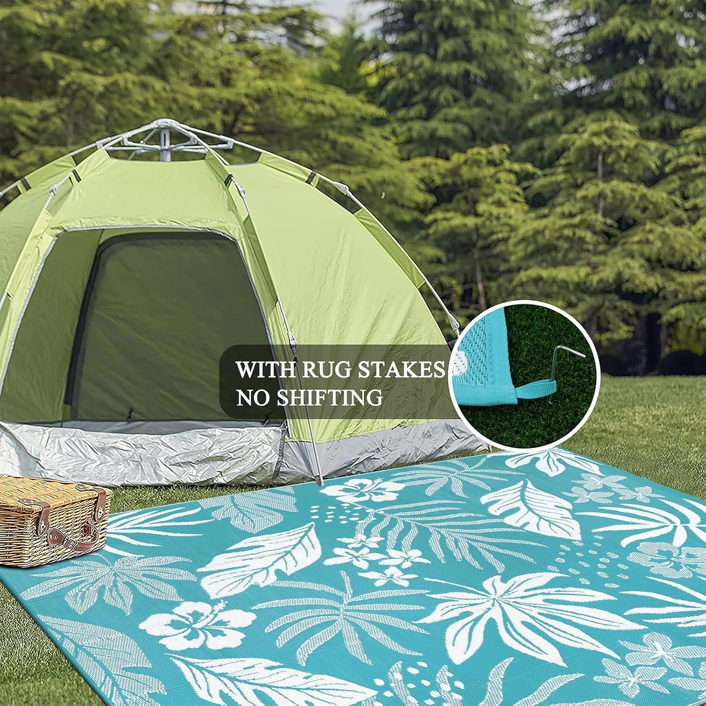 Pauwer Waterproof Outdoor Rug 8x10, Reversible Plastic Straw Patio Camping Rug, Indoor Outdoor RV Mat Carpet for Deck, Camper, Porch, Balcony, Backyard, Picnic, Floral Teal