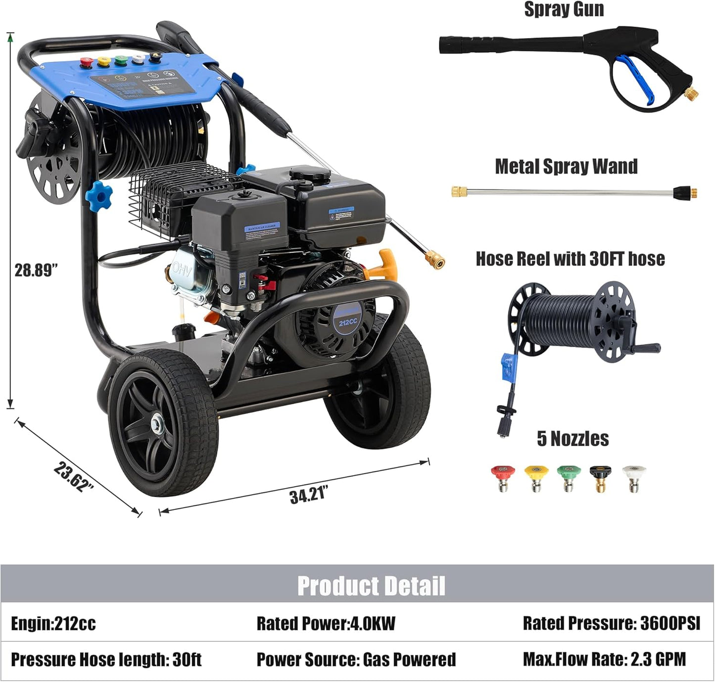 Gas Pressure Washer 3600 PSI, 2.3 GPM Heavy Duty High Power Washer,212CC Engine with 30FT Hose, Axial Aluminum Pump, Soap Tank, Spray Gun and Wand, 5 Quick Connect Nozzle (Blue)