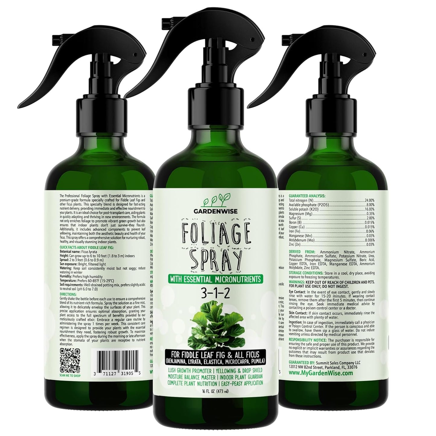 3-1-2 Fiddle Leaf Fig Foliar Spray - Plant Shine & Fertilizer - Premium Spray for Indoor Plants with Essential Nutrients - Fiddle Leaf Fig Plant Food & Fertilizer - Ready-to-Use (16 OZ)