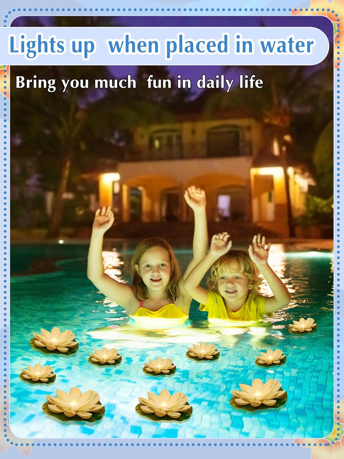 Hortsun 12 Pcs Floating Lotus Lights with Batteries Lily Pads Pool Flowers Diwali Pooja Decorations Floating Candles Decor for Pool Pond Outdoor Indoor(3.94/5.91 Inch,White)