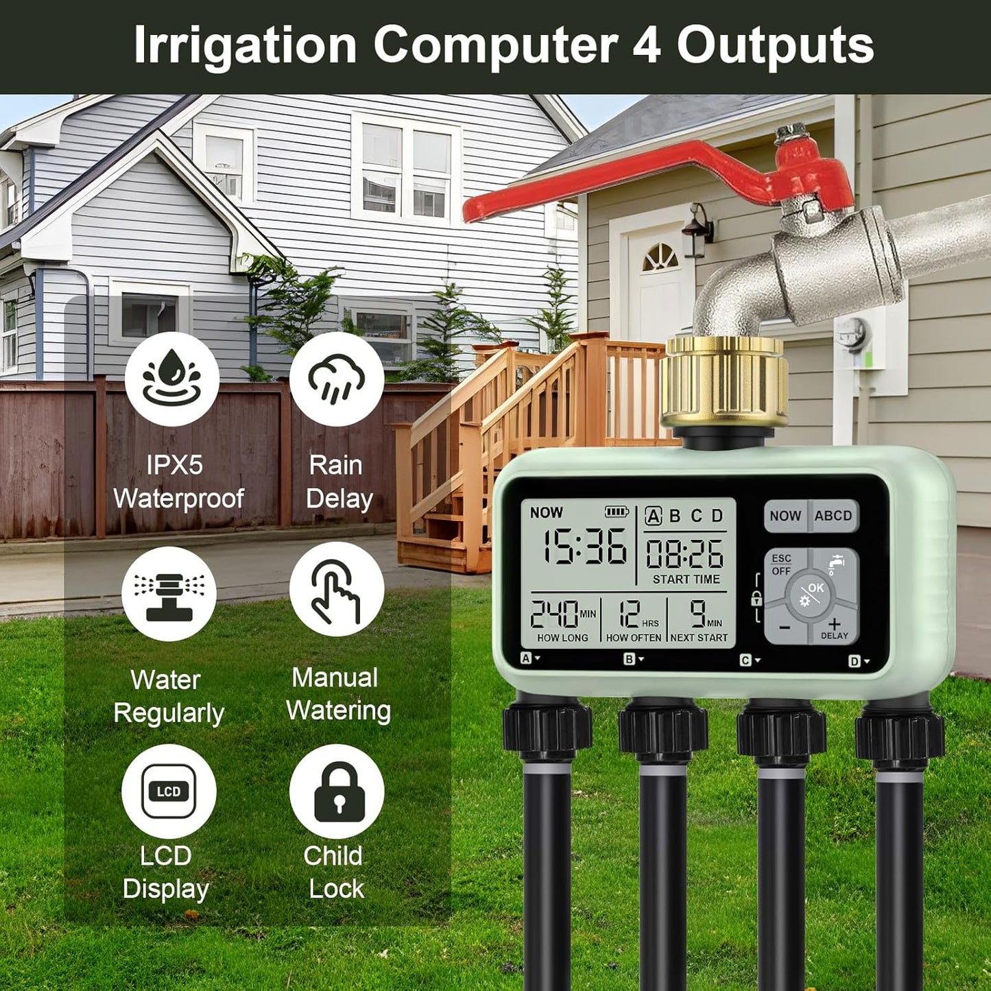 Watering Timer 4 Zone with with Brass Inlet, Sprinkler Timer, Programmable Garden Outdoor Hose Faucet Timers with Rain Delay/Manual/Automatic Watering System,Water Hose Irrigation Timers 4 Outlet
