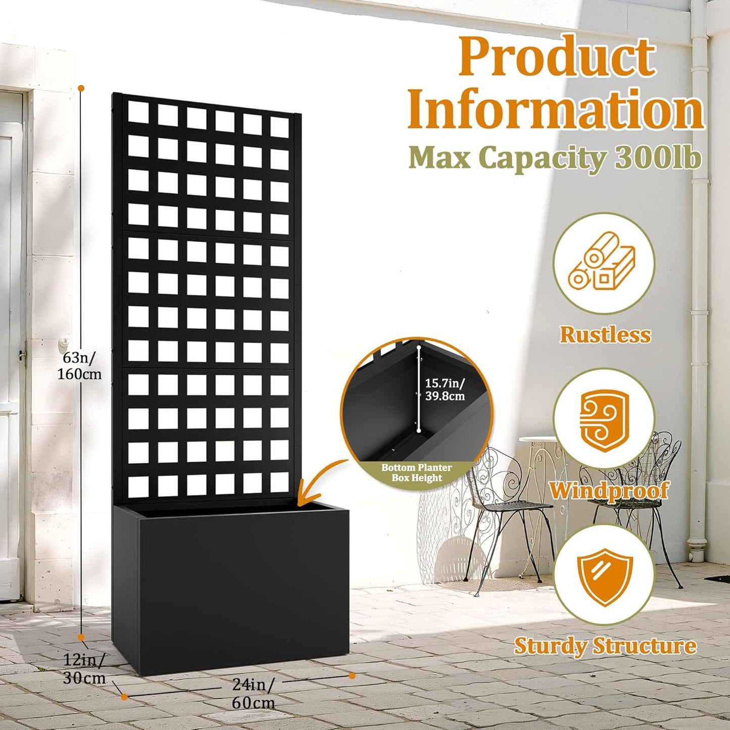 Metal Planter Box with Trellis, Heavy-Duty Raised Garden Bed for Climbing Plants, Drainage Hole, Outdoor Planter Box with Privacy Screen,24''L×12''W×63''H