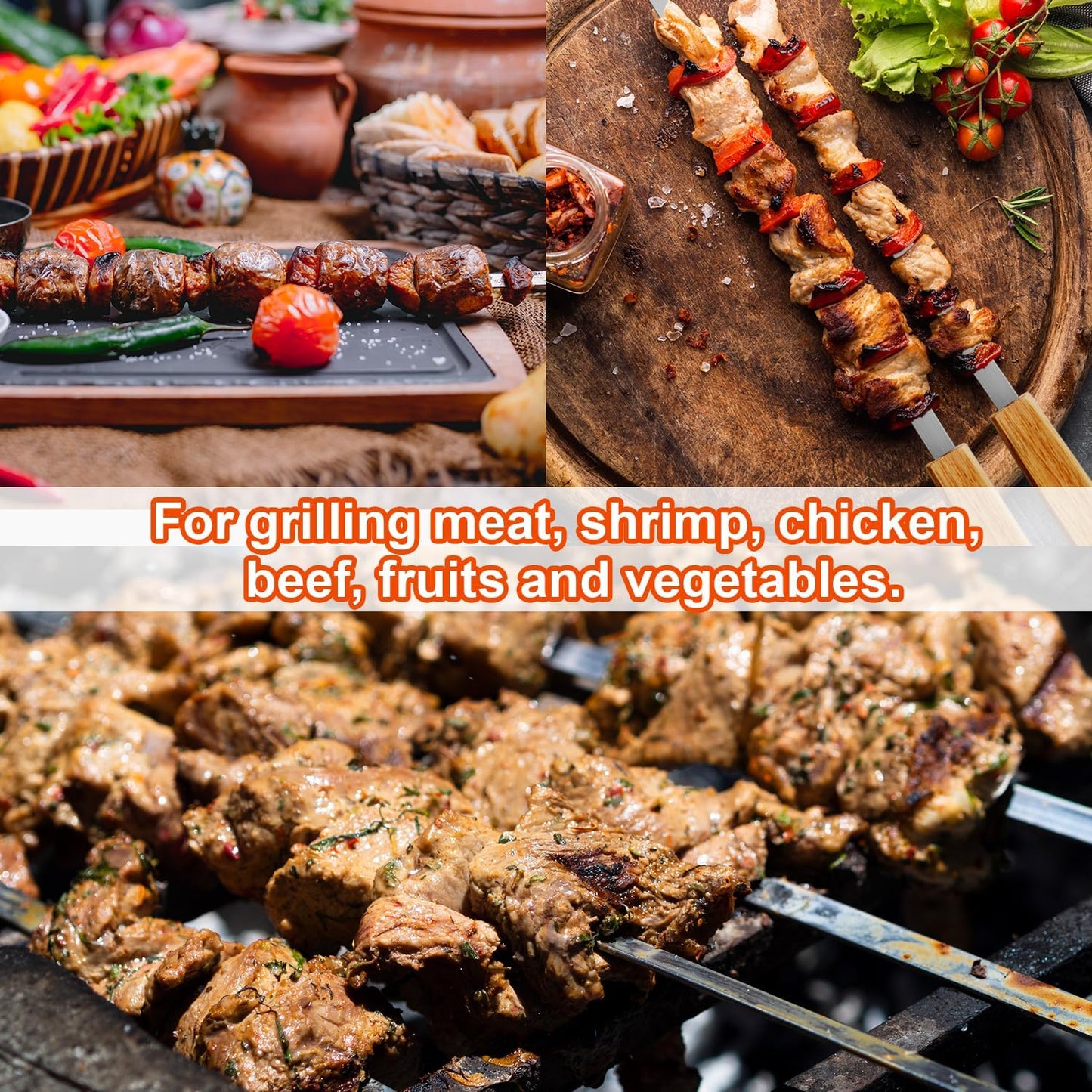 SHIKORI Kabob Skewers,BBQ Barbecue Skewers,Stainless Steel Sticks,23 Inch Heavy Duty Large Wide Reusable,with Nonslip Wooden-12 Pcs