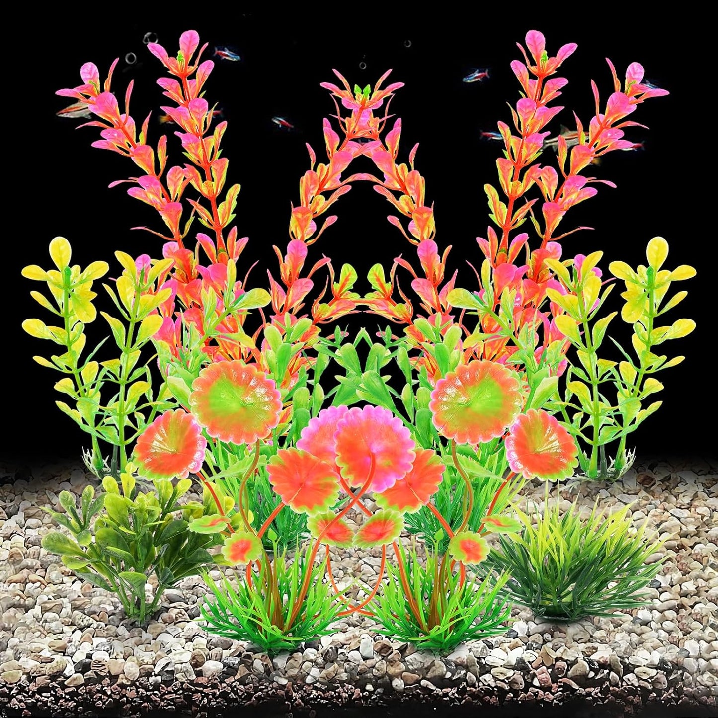 AQUANEAT Artificial Fish Tank Plants, Plastic Aquarium Decorations, Pink Accessories, 10pcs