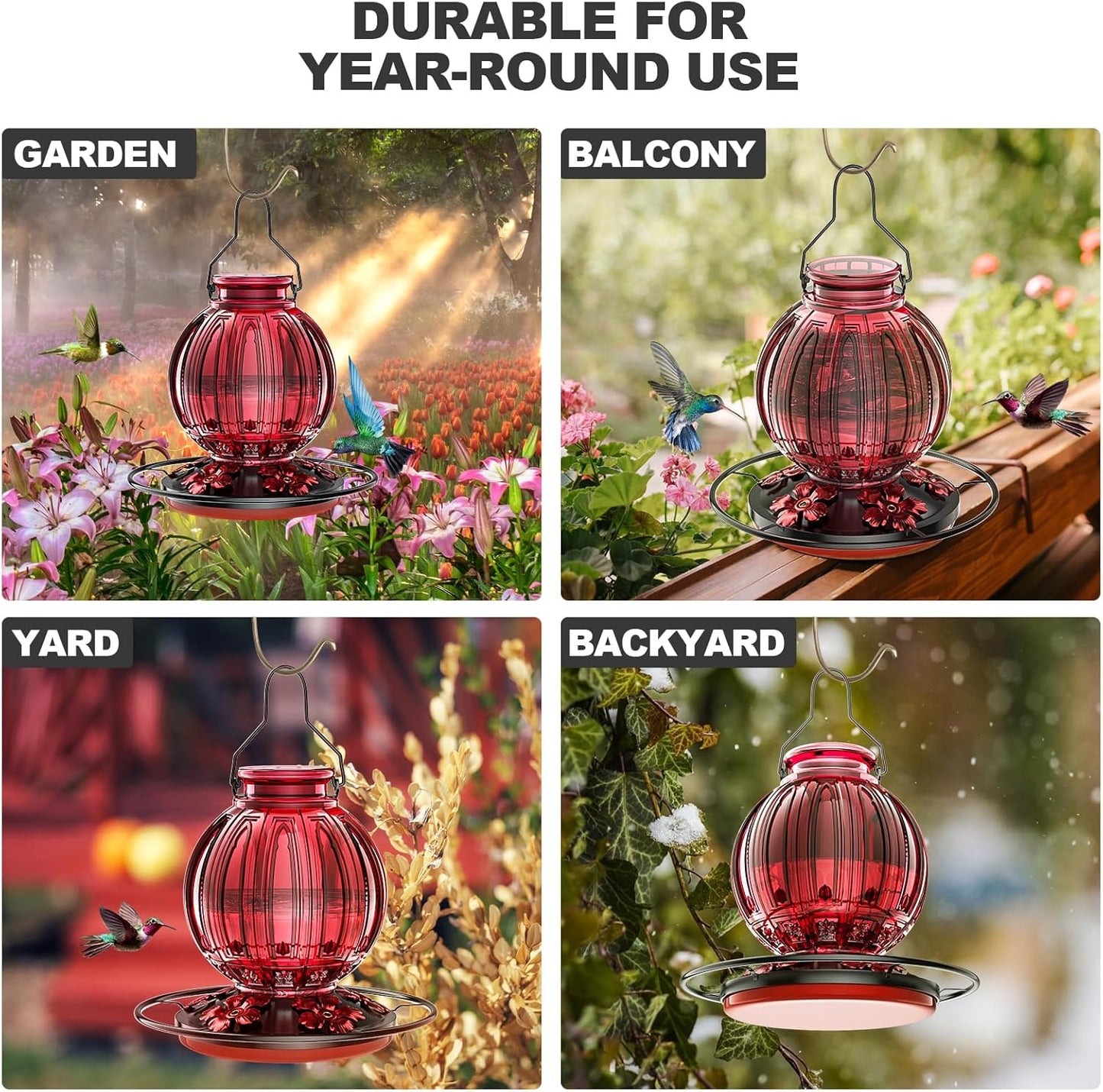Glass Hummingbird Feeder for Outdoors Hanging, 26Oz Bird Nectar Feeder with Perch & 5 Flower Feeding Ports, Leak Proof for Outside Garden Decor Backyard, Gifts for Women Mom, Red