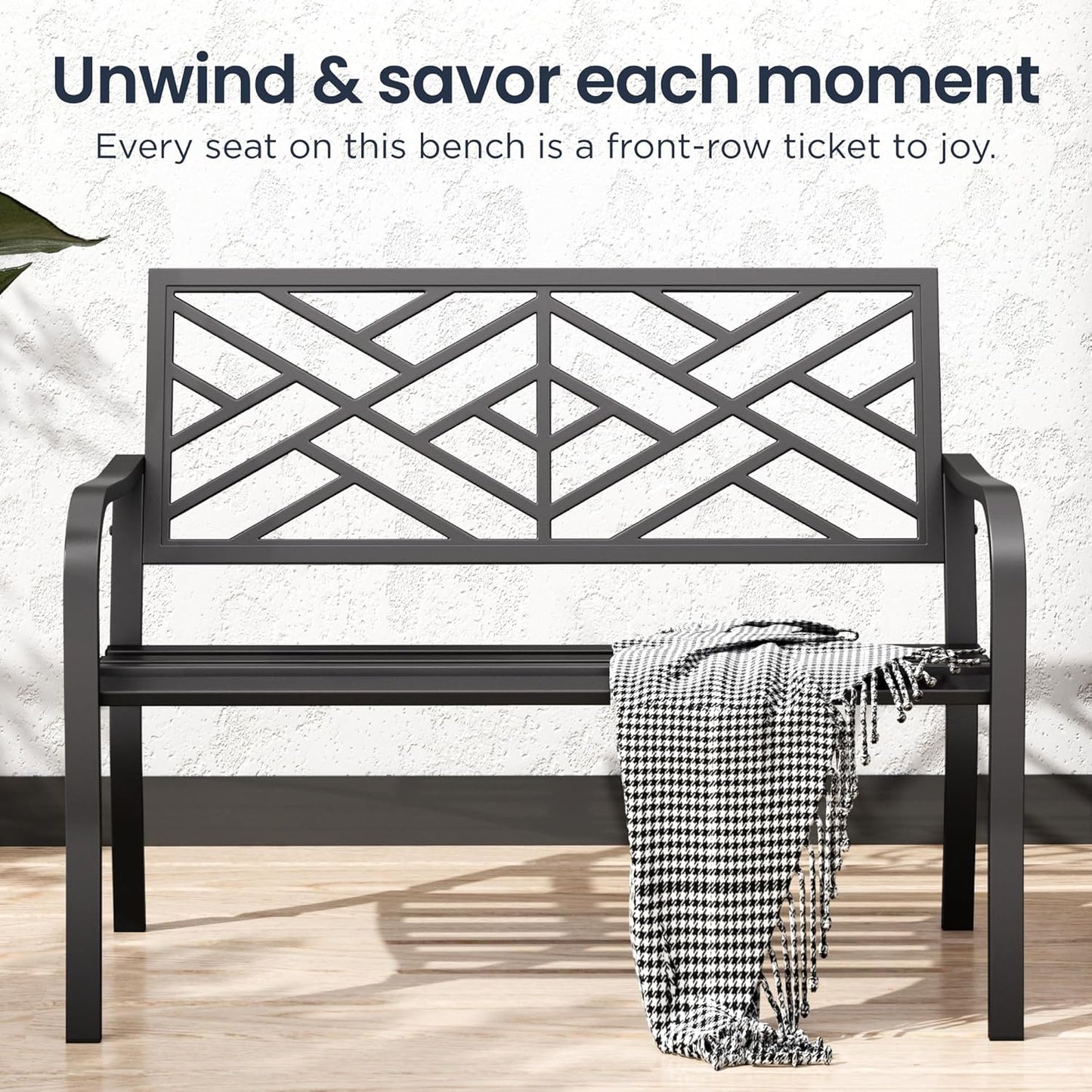 PHI VILLA 43 Inch Cast Iron Steel Frame Outdoor Garden Bench, Patio Furniture Chair Bench w/Line Pattern Design Backrest, Slatted Seat for Park, Yard, Porch - Black