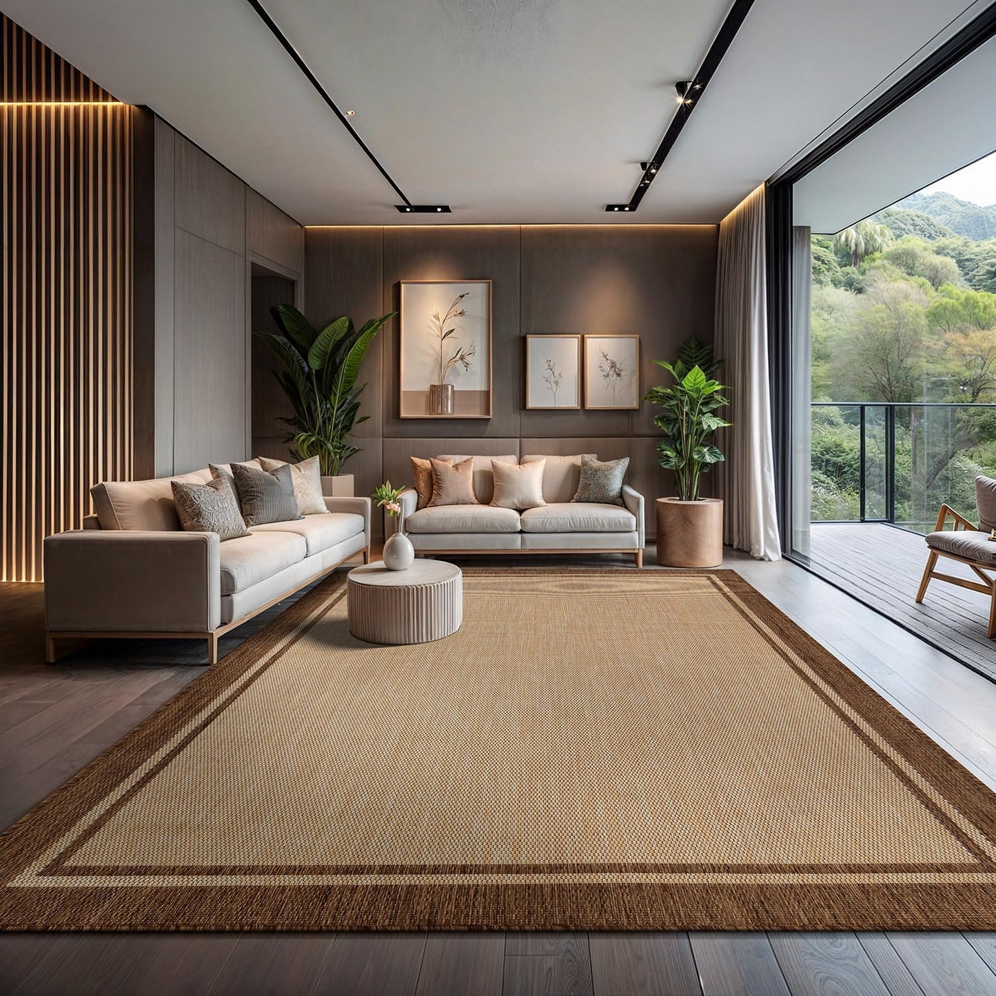 CAMILSON Indoor Outdoor Rug, 10x14 Bordered Natural Brown Modern Large Area Rugs for Indoor and Outdoor Patios, Kitchen and Hallway Mats, Washable Porch Deck Outside Carpet (Jute, 10 x 14)