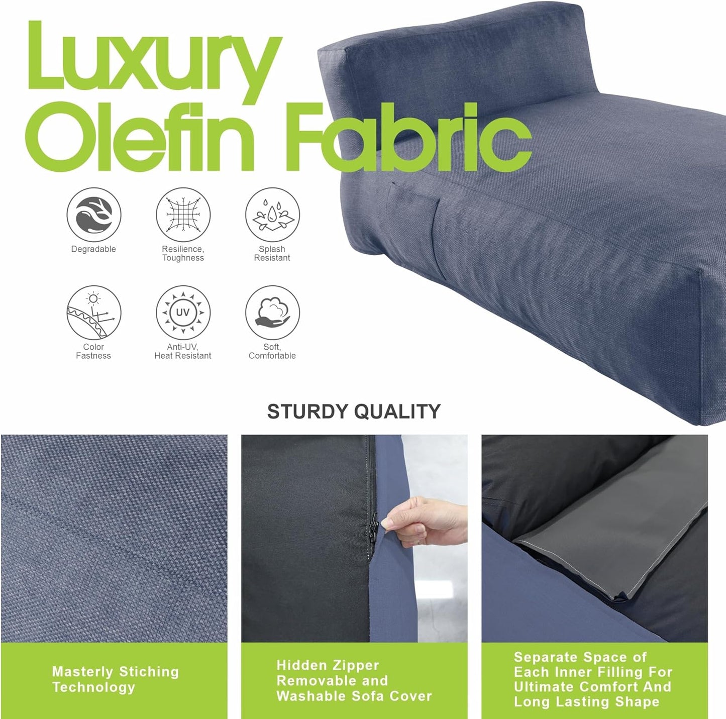 Outdoor Bean Bag Lounger Chair, Big Comfy Outdoor Daybed for Sunbathing and Tanning - Water-Resistant Patio Chaise and Pool Sun Lounger Furniture for Beach Deck (Denim Blue)