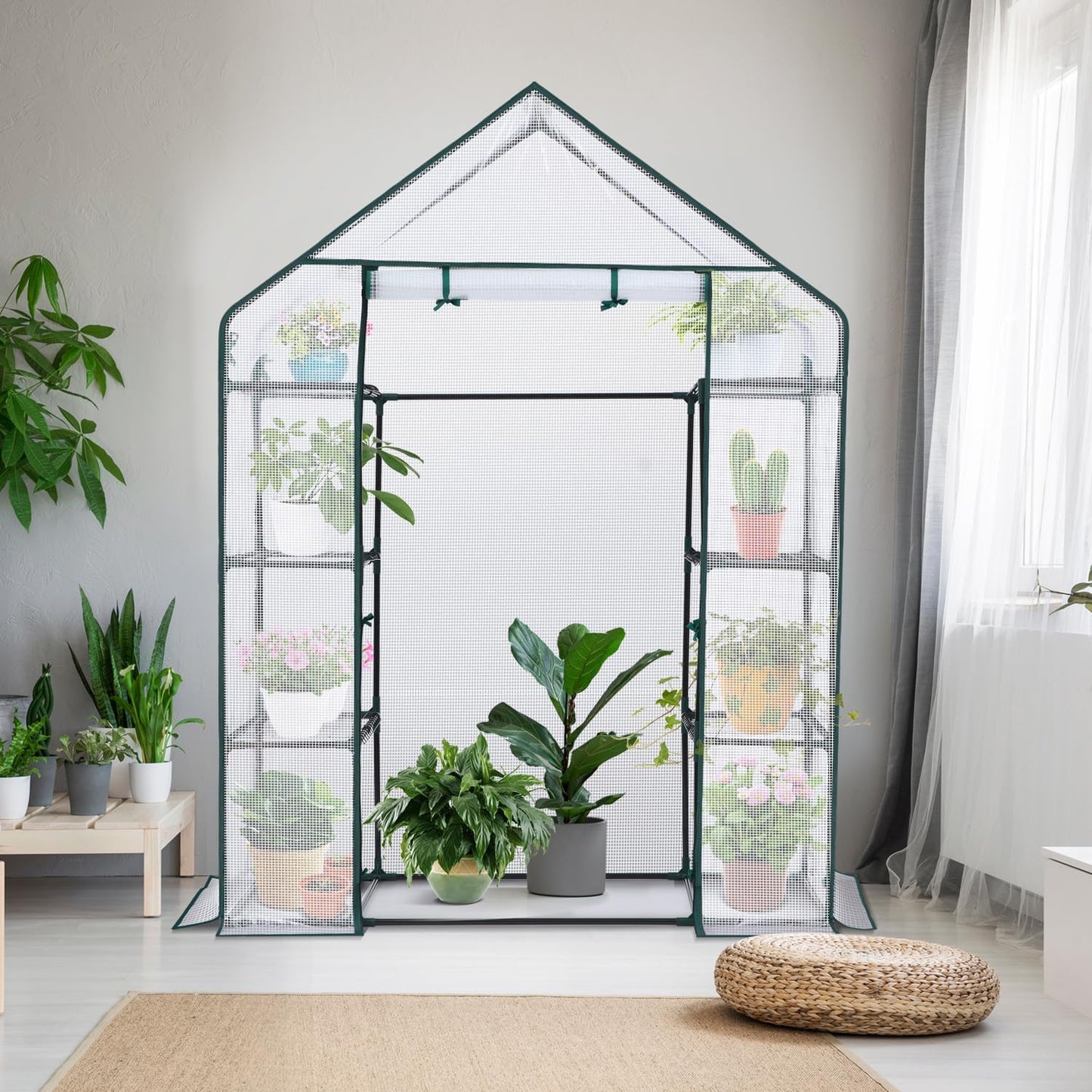 Ohuhu Small Greenhouse for Outdoors: 4 Tiers 6 Shelves Walk-in Indoor Green House Heavy Duty Plant Stands Reinforced Plastic PE Cover Mini Portable Warm House for Outside, 4.8x2.5x6.4 FT White