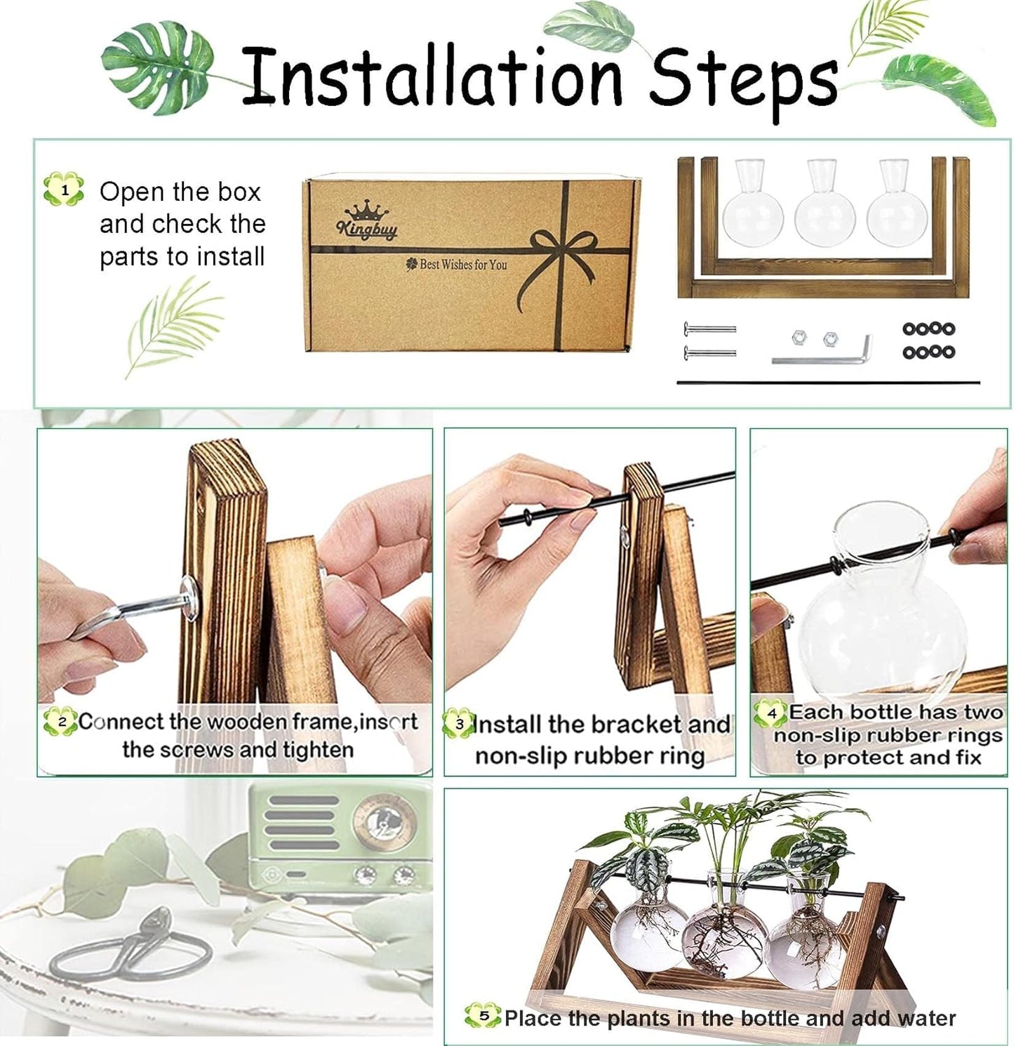 Kingbuy Plant Terrarium Propagation Station - 3 Glass Bulb Vases with Retro Wooden Stand Boho Desktop Planter for Hydroponics Home Garden Indoor Home Office Decor Unique Gifts for Women & Plant Lovers