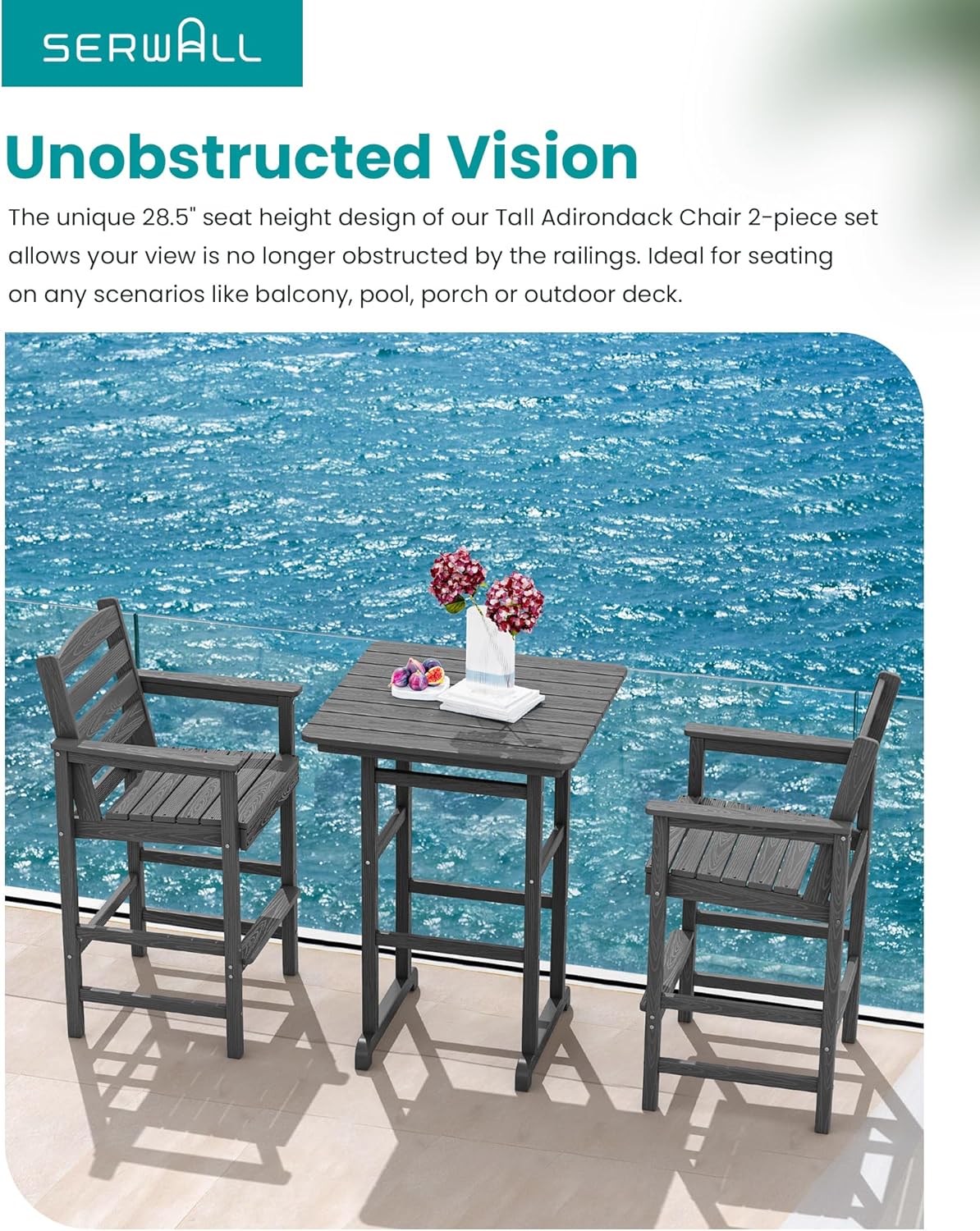 SERWALL Tall Adirondack Chairs Set of 2, Oversize Balcony Adirondack Chairs Set, Outdoor Bar Height Barstools Widened Chair Set for Bistro, Poolside, Garden, Gray