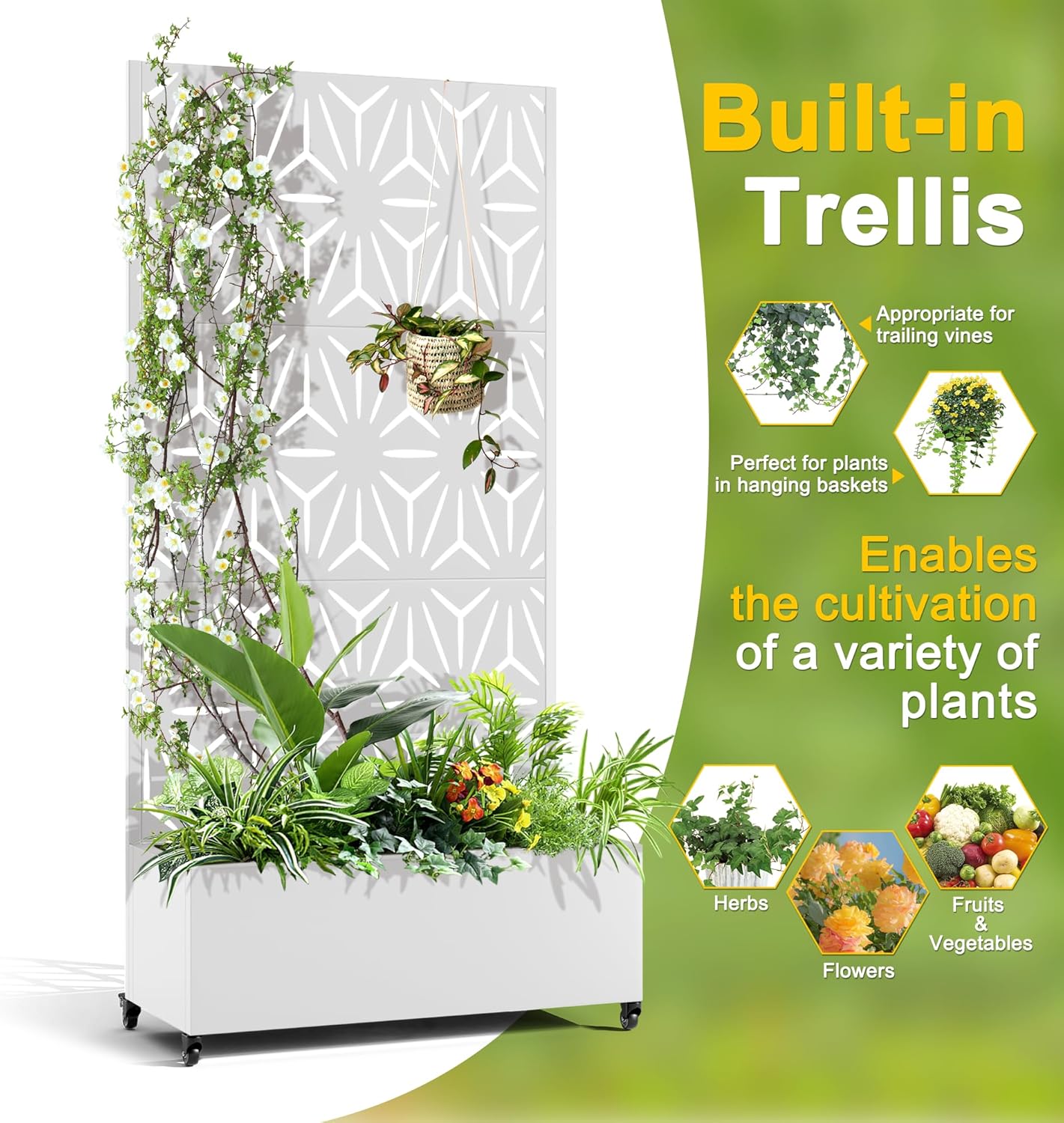 FENCY Metal Raised Garden Bed with Wheels and Trellis,73"x35"x16" Planter Box for Climbing Plants, Vegetables & Vines, Features Privacy Screen and Drainage Holes (White-Star)