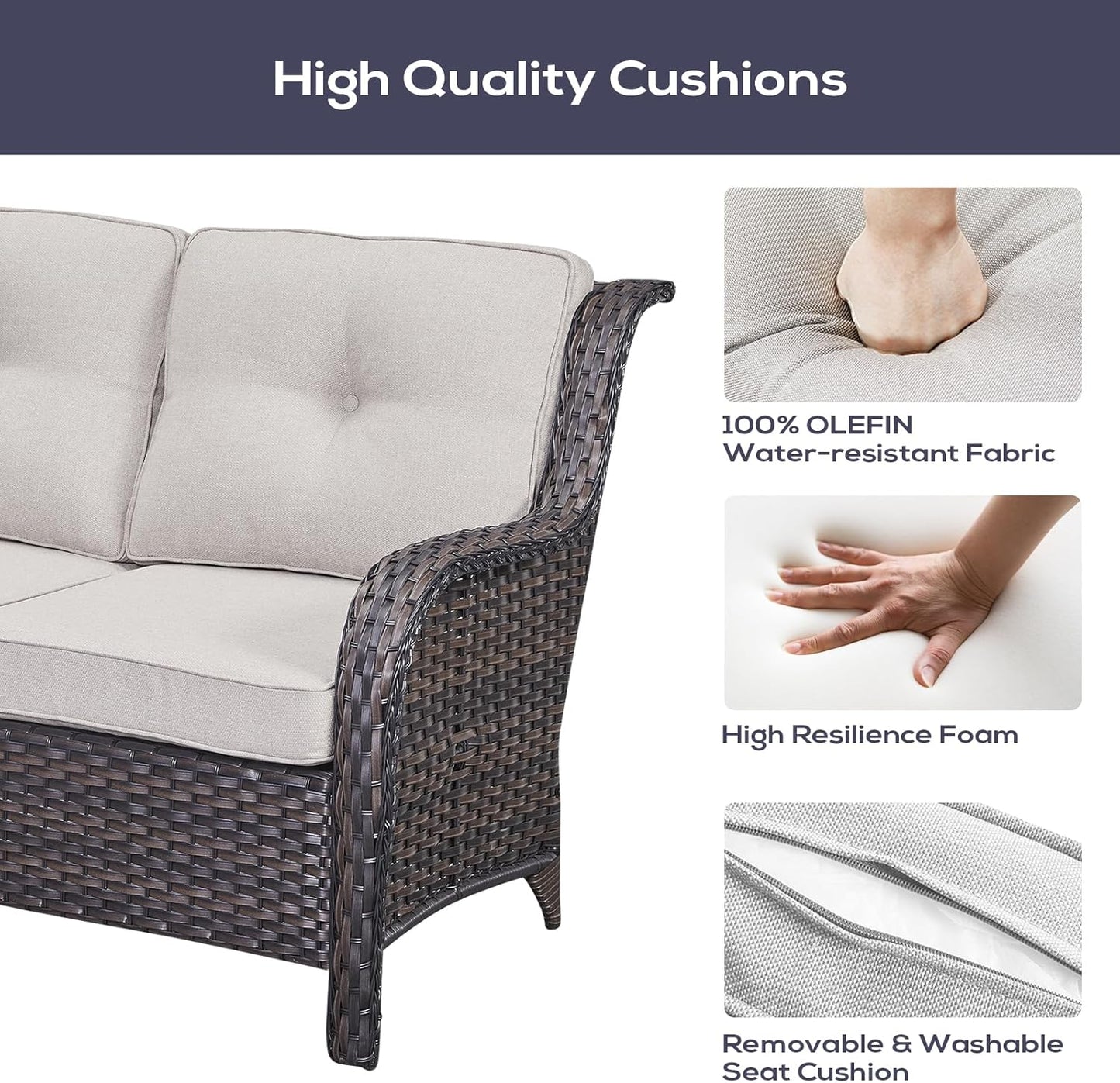 Outdoor Patio Furniture Set with 50000BTU Propane Fire Pit Table, 4 Pieces Wicker Patio Conversation Set with 2 Swivel Rocker Glider Chairs Rattan Sofa Beige Cushion Perfect for Gathering