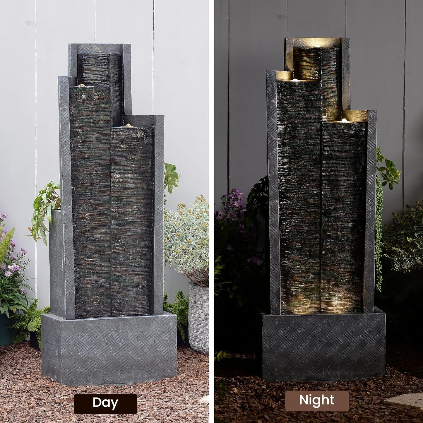 49.6" H Modern Water Outdoor Fountain,Garden Cascading Indoor Resin Water Fountains Tall Floor - Standing Fountain with LED Light for Patio, Yard, Deck and Home Decor