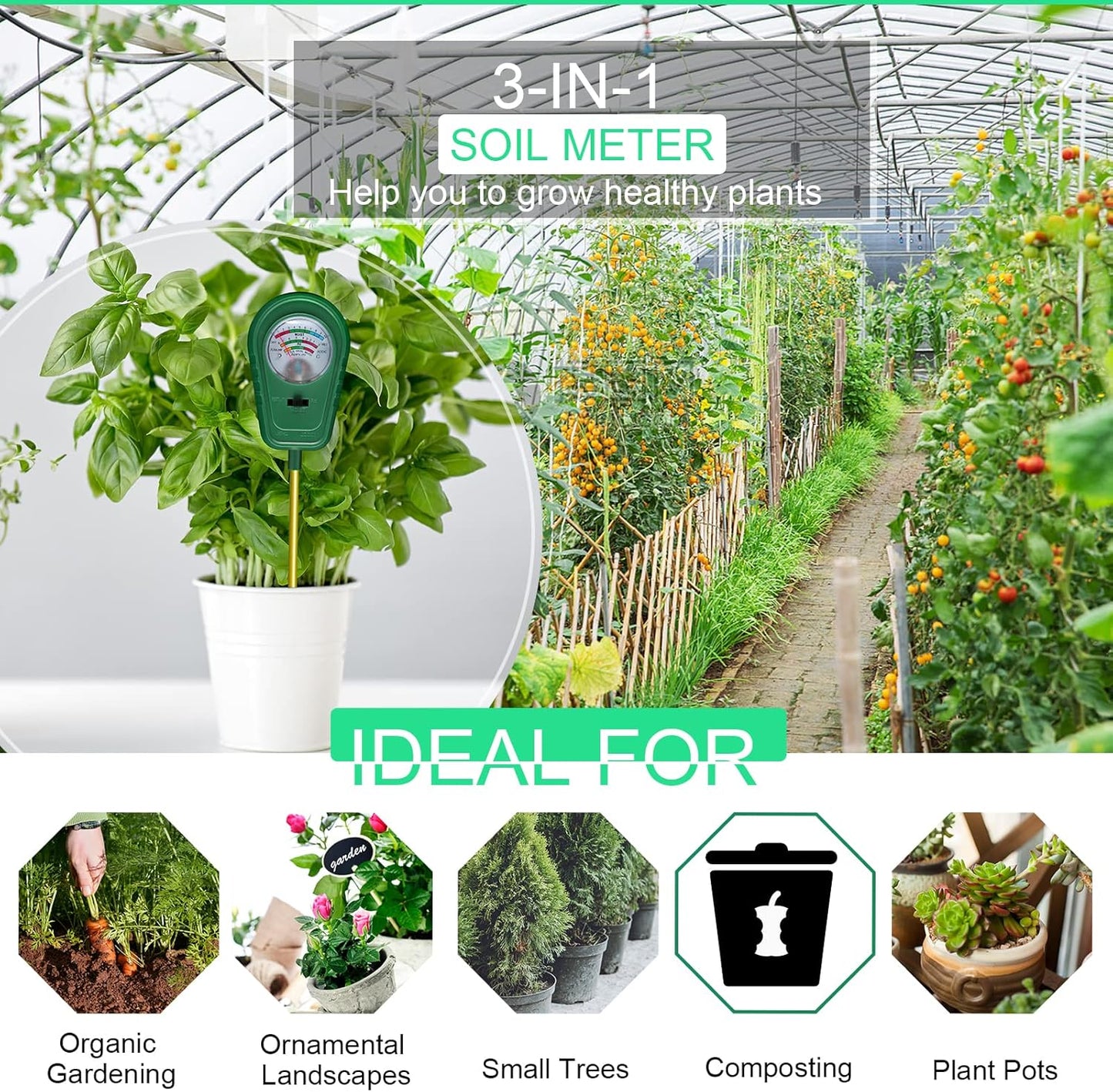 3-in-1 Soil Test Kit, Soil Moisture Meter/Soil ph Meter/Fertility Soil Tester, Soil Hygrometer for Garden, Farm, Plant, Outdoor, Indoor, Lawn Care Moisture Meter for Hous Plants (No Battery Needed)