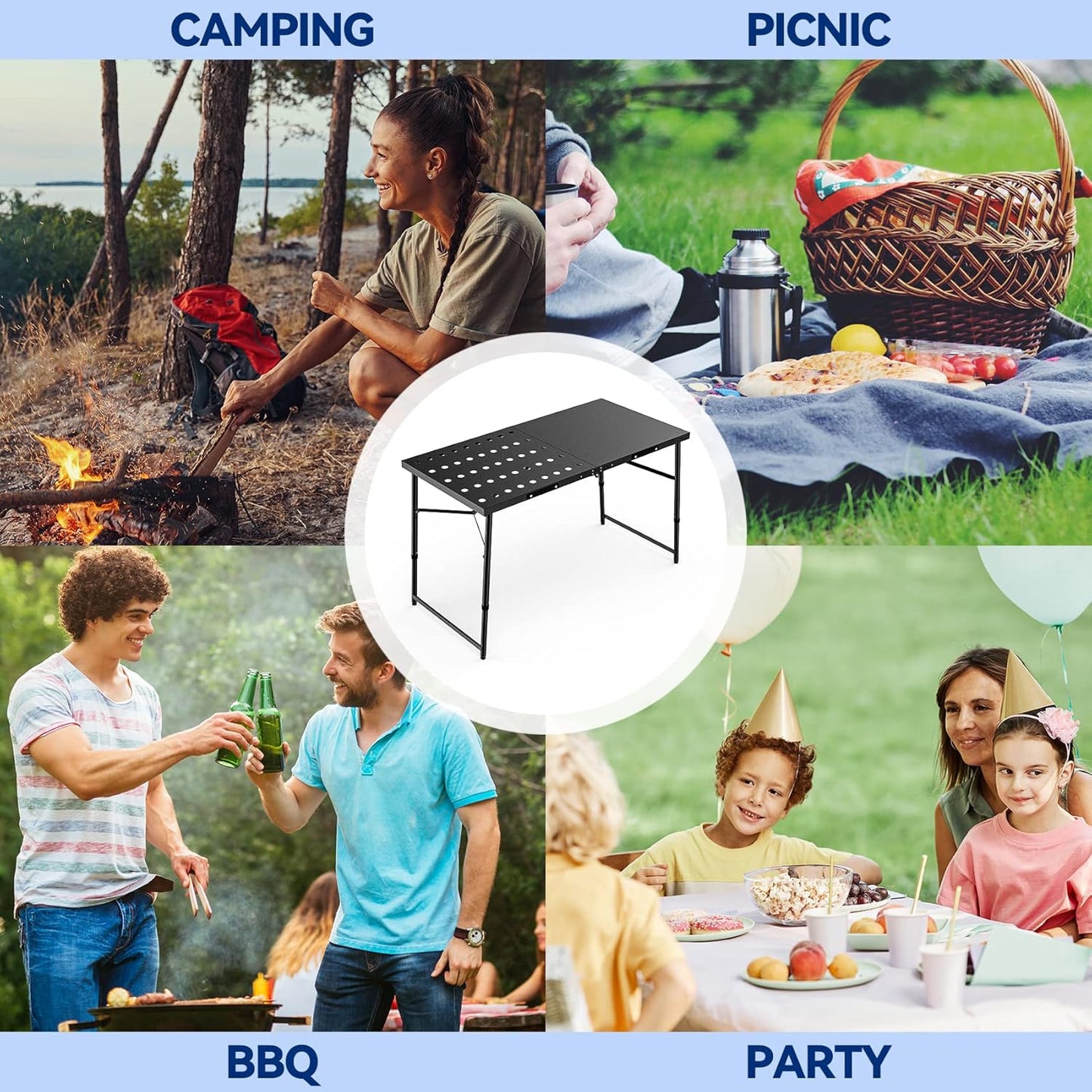 Skyflame Folding Camping Table with Adjustable Height Legs, Black Metal Portable Outdoor Grill Stand Table with Handle for BBQ, Grilling, Camping Trip, RV, Picnic, Backyards, Tailgating