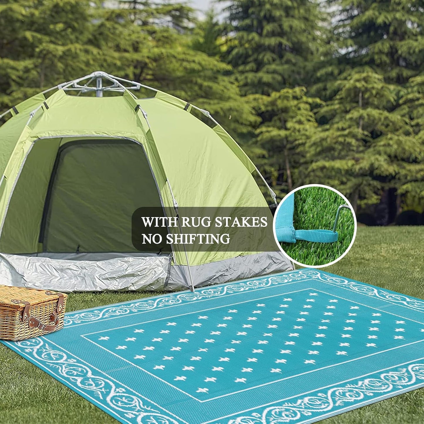 Pauwer Waterproof Outdoor Rug 9x12, Reversible Plastic Straw Patio Camping Rug, Indoor Outdoor RV Mat Carpet for Deck, Camper, Porch, Balcony, Backyard, Picnic, Bordered Teal