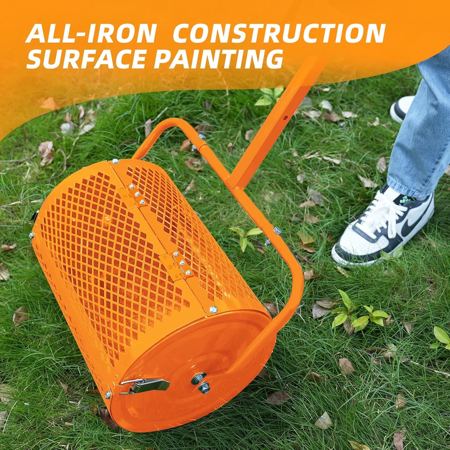 Heavy-Duty Compost Spreader for Lawn,Peat Moss Spreader,Fertilizer Spreader Roller with Adjustable Handle,Manure Spreaders for for Lawn Top Dressing,Seedling,Top Soil,Heavy Duty Metal Mesh Lawn Roller