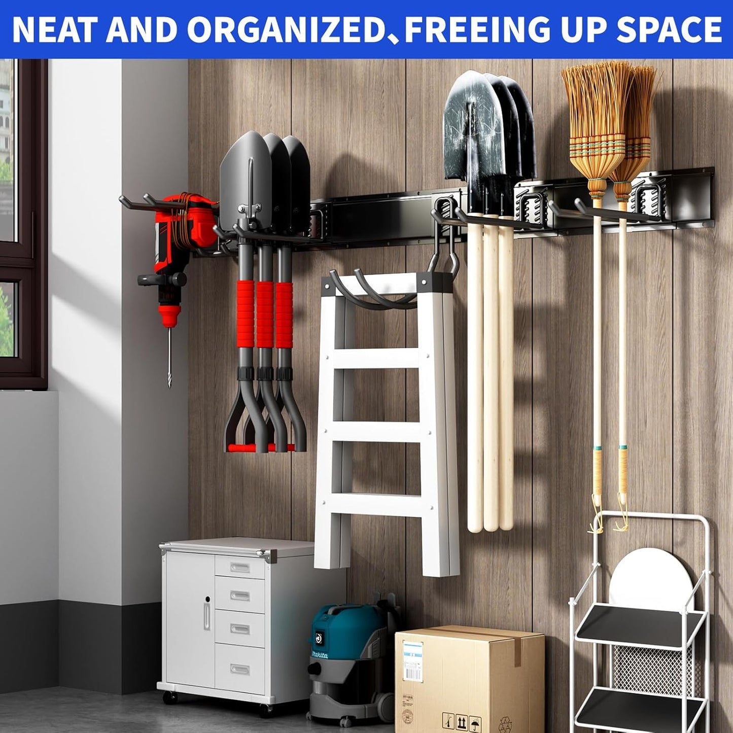 Garage Organization Tool Organizer Wall Mount, 64inch Heavy Duty Garden Tool Organizer Storage System, Easy Install with 10 Adjustable Hooks, for Garage, Basement, Shed, Workshop(Black)