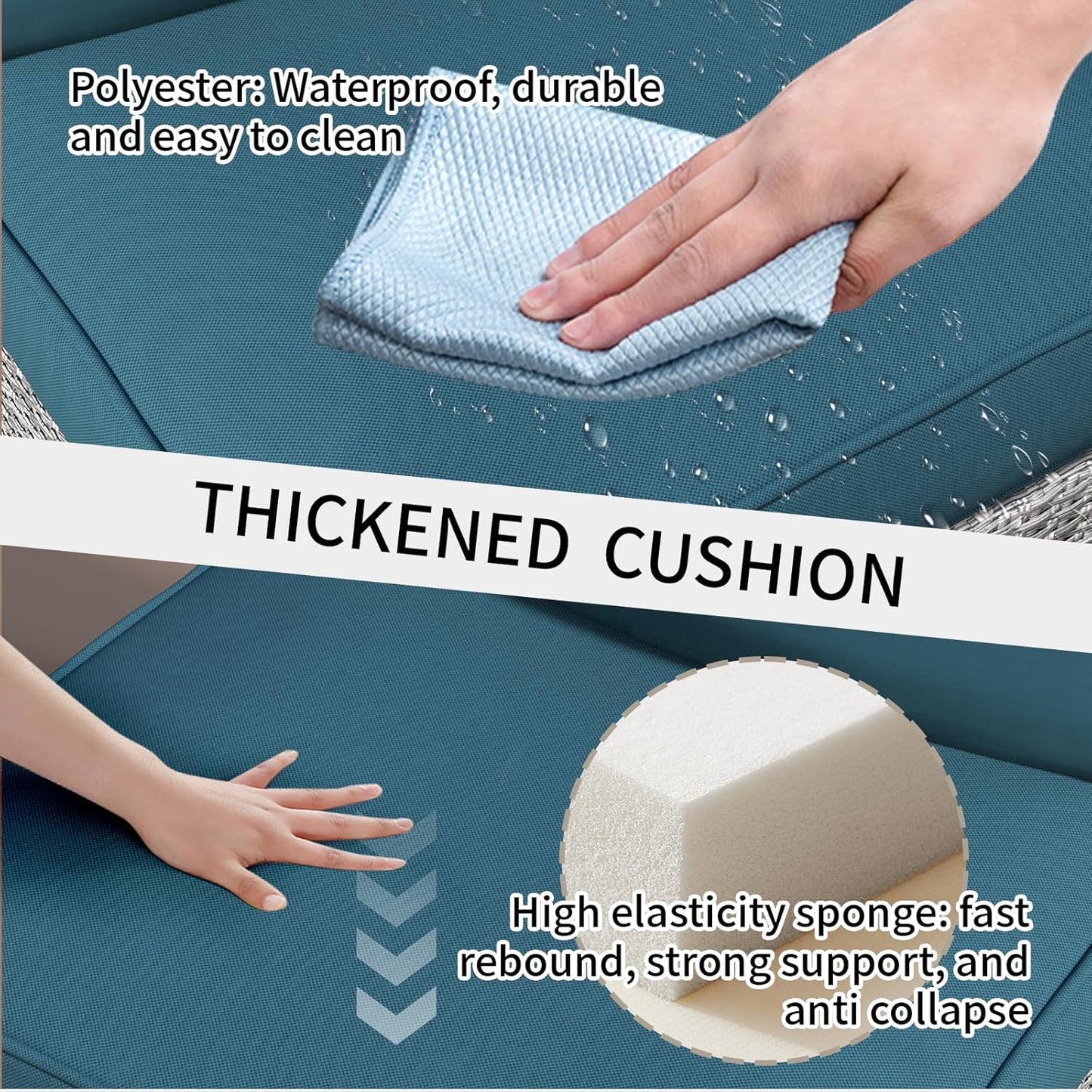 7 Piece Patio Furniture Set, Rattan Outdoor Patio Conversation Sets, Outdoor Sectional Furniture with Waterproof Cushion and Coffee Table, for Deck, Backyard, Garden, Peacock Blue-2