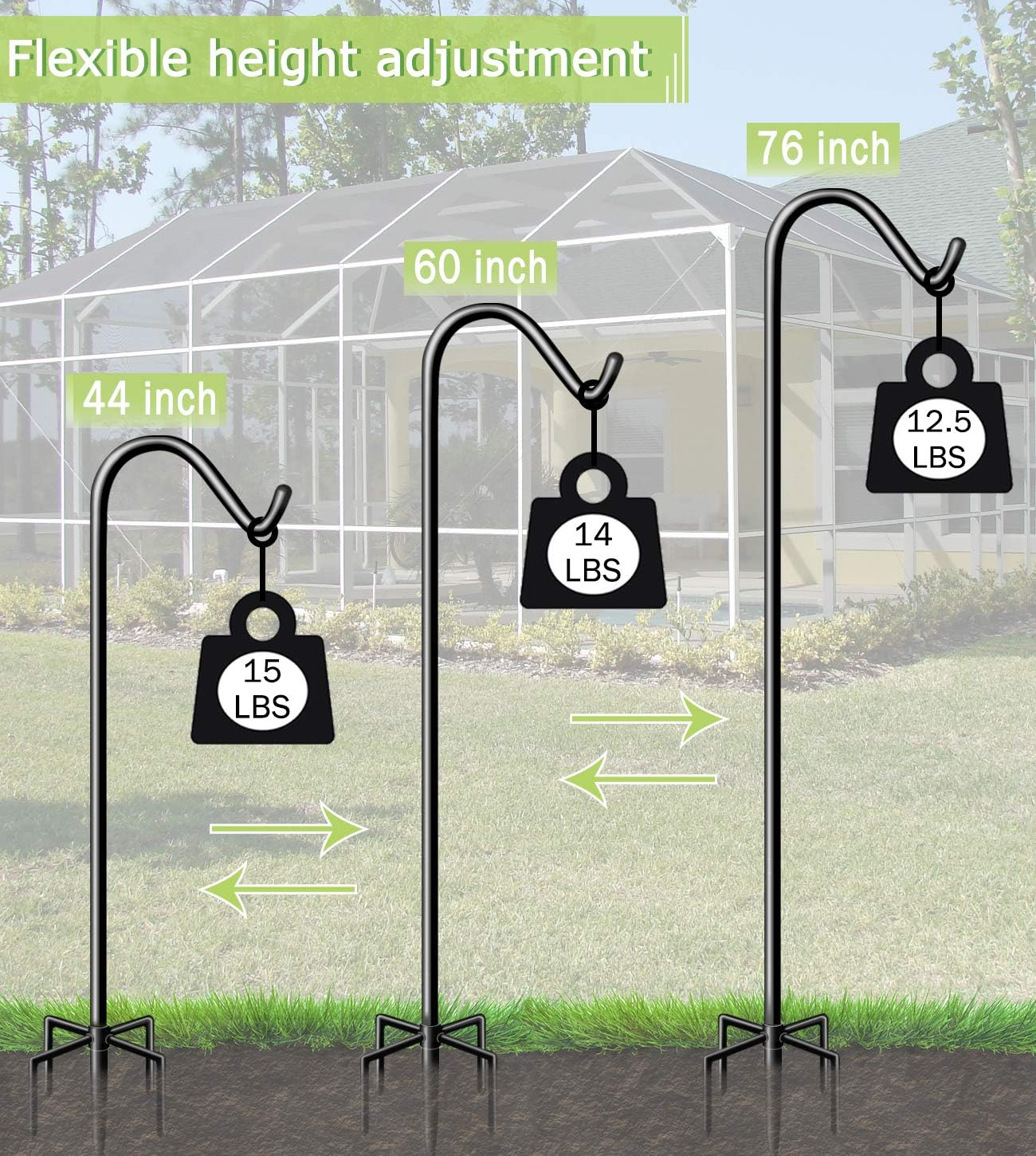 Garbuildman 76 Inch Tall Shepherd Hooks with 5-Forked Base, Adjustable Heavy Duty Bird Feeder Pole Stand Hanger for Outdoor, Shiny Black, 1 Pack