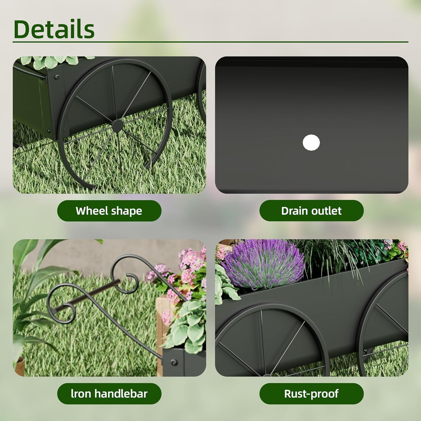 Metal Raised Garden Bed with Wagon Wheels, Small Wagon Planter Box Outdoor, Decorative Garden Planter Flower Cart for Flowers Herbs Vegetables, Patio and Balcony Decor (Black)