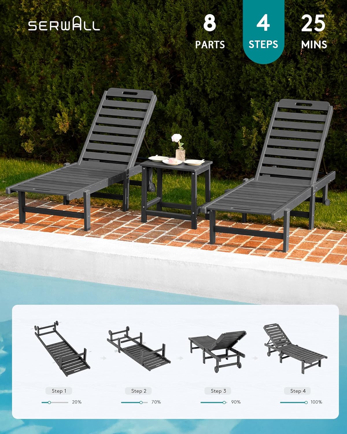 SERWALL Patio Chaise Lounge Set of 4, 78" Length Outdoor Lounge Chair with 5 Positions Adjustable Backrest, HDPE Lounge Chair with Rolling Wheels & Cup Holder for Poolside, Beach, Garden, Grey