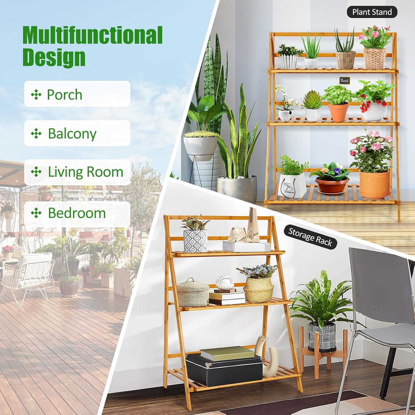 Giantex Bamboo Ladder Plant Stand, 3 Tier Folding Bamboo Plant Shelf, Foldable Flower Pot Display Shelf Rack, Multiple Plants Holder Organizer Storage Shelf for Indoor Outdoor Balcony Garden (Natural)