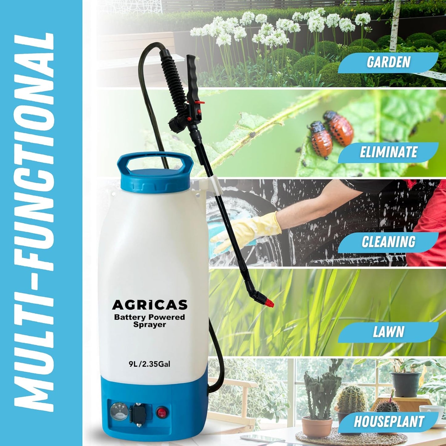 Battery Powered Sprayer 2.35 Gallon, Electric Garden Sprayer for Weed/Pest Control, 6 Nozzles, 50 PSI Pressure, Telescopic Wand, Shoulder Strap, Long-Lasting 12V Battery