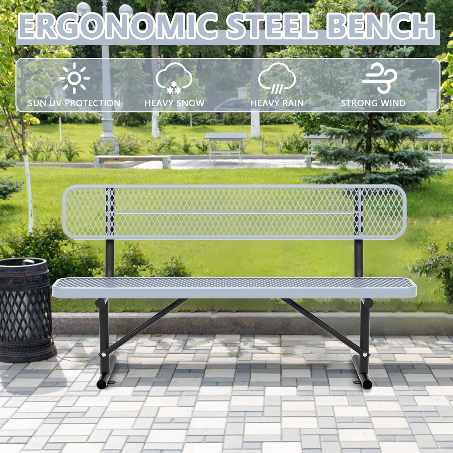 Heavy Duty Park Bench with Back Portable Frame, Outdoor Steel Bench with Backrest, Outdoor Park Bench Expanded Metal Mesh Bench for Lawn, Park, Deck, Garden, Patio, Porch, Black (Gray, 8FT)