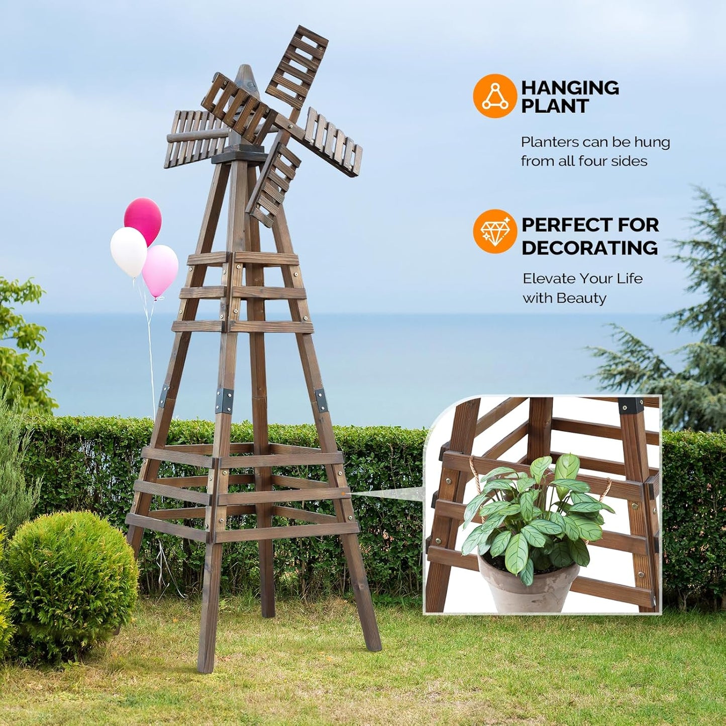 VINGLI Outdoor Yard Windmill, Wooden Wind Spinner for Garden Lawn Yard Patio Decoration (Carbonized Wood, Medium)