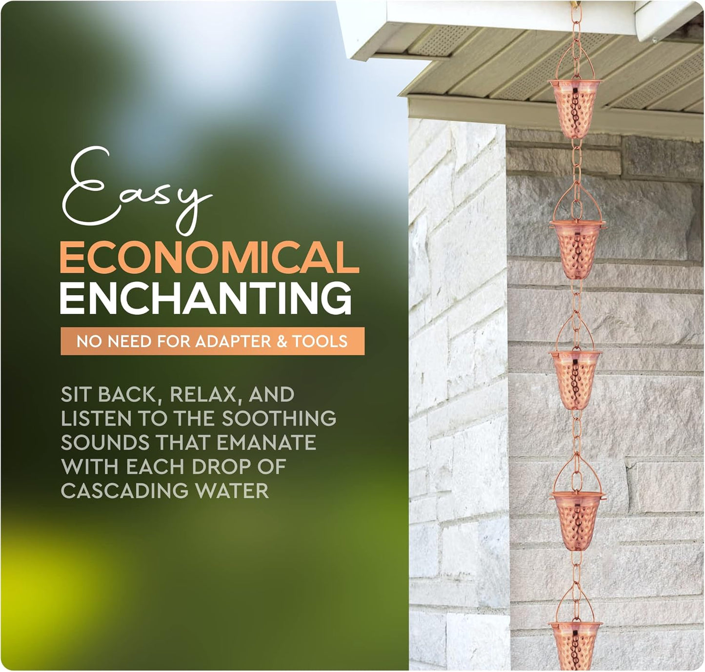 Copper Hammered Rain Chain – Decorative Chimes & Cups Replace Gutter Downspout & Divert Water Away from Home for Stunning Fountain Display – 8.5’ Long for Universal Fit – Bell Style