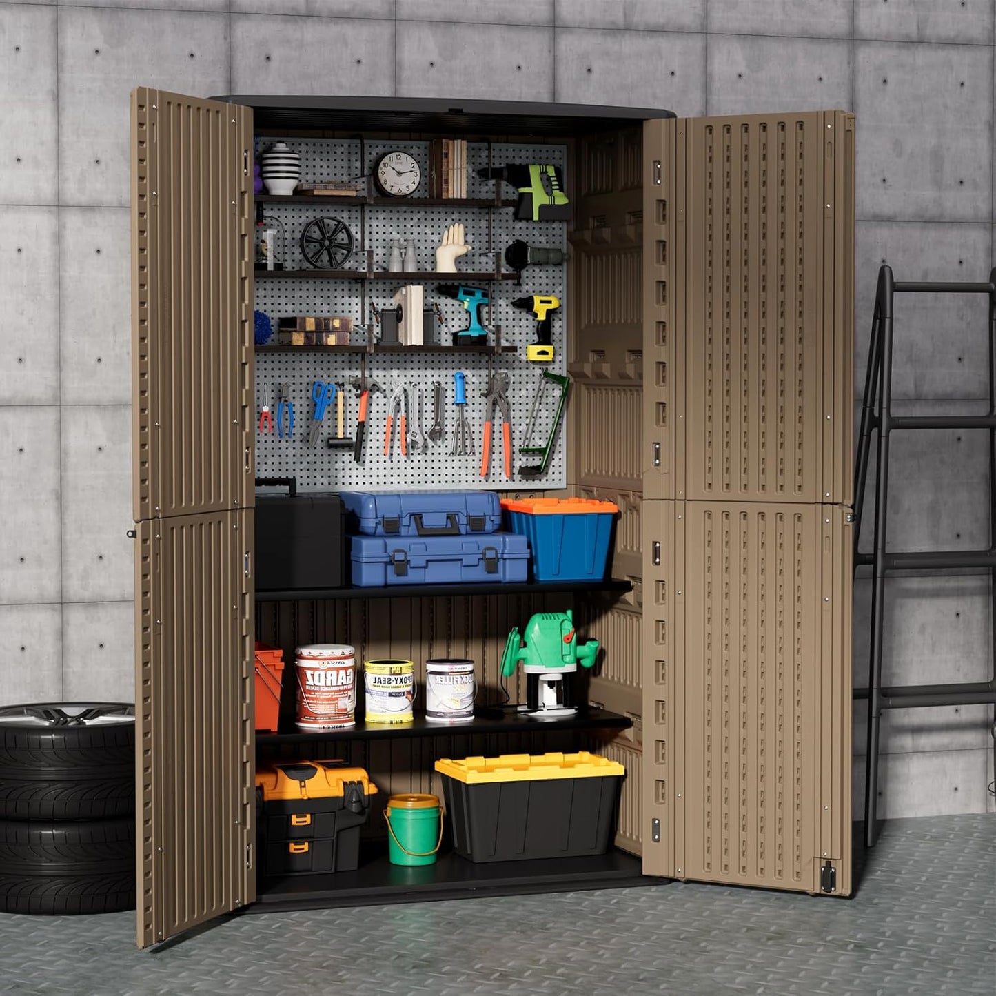 ZZM Large 67 Cu.ft Waterproof Storage Shed, Outdoor Storage Cabinet,Durable Resin Storage for Patio Furniture, Garden Tools, Pool Accessories, Mower Storage (Coffee)