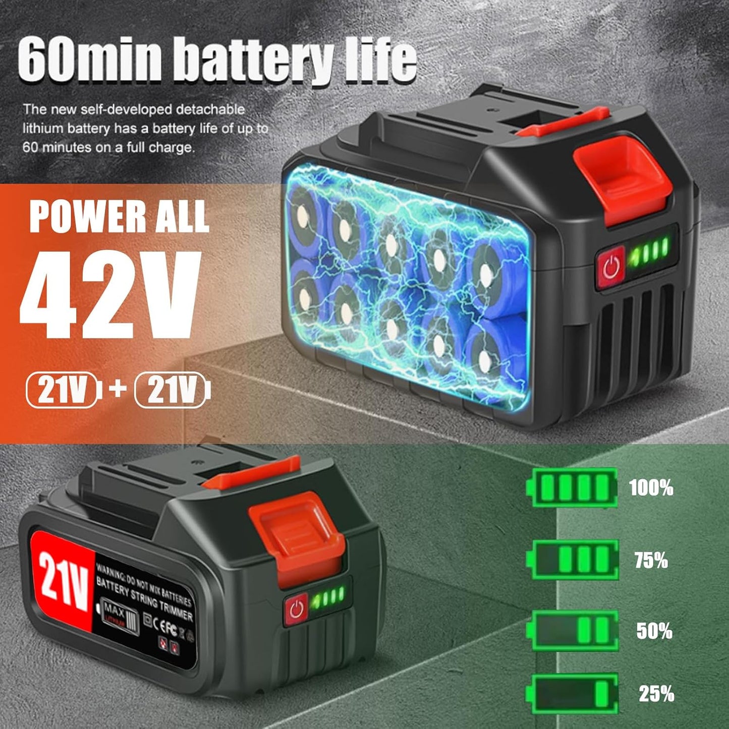 Electric Weed Wacker Cordless Eater Battery Powered 21V Lightweight No-String Weed Trimmer 3 in 1 Stringless Grass Trimmer/Edger/Brush Cutter with 3 Types Blade & Wheels for Yard and Garden-Orange