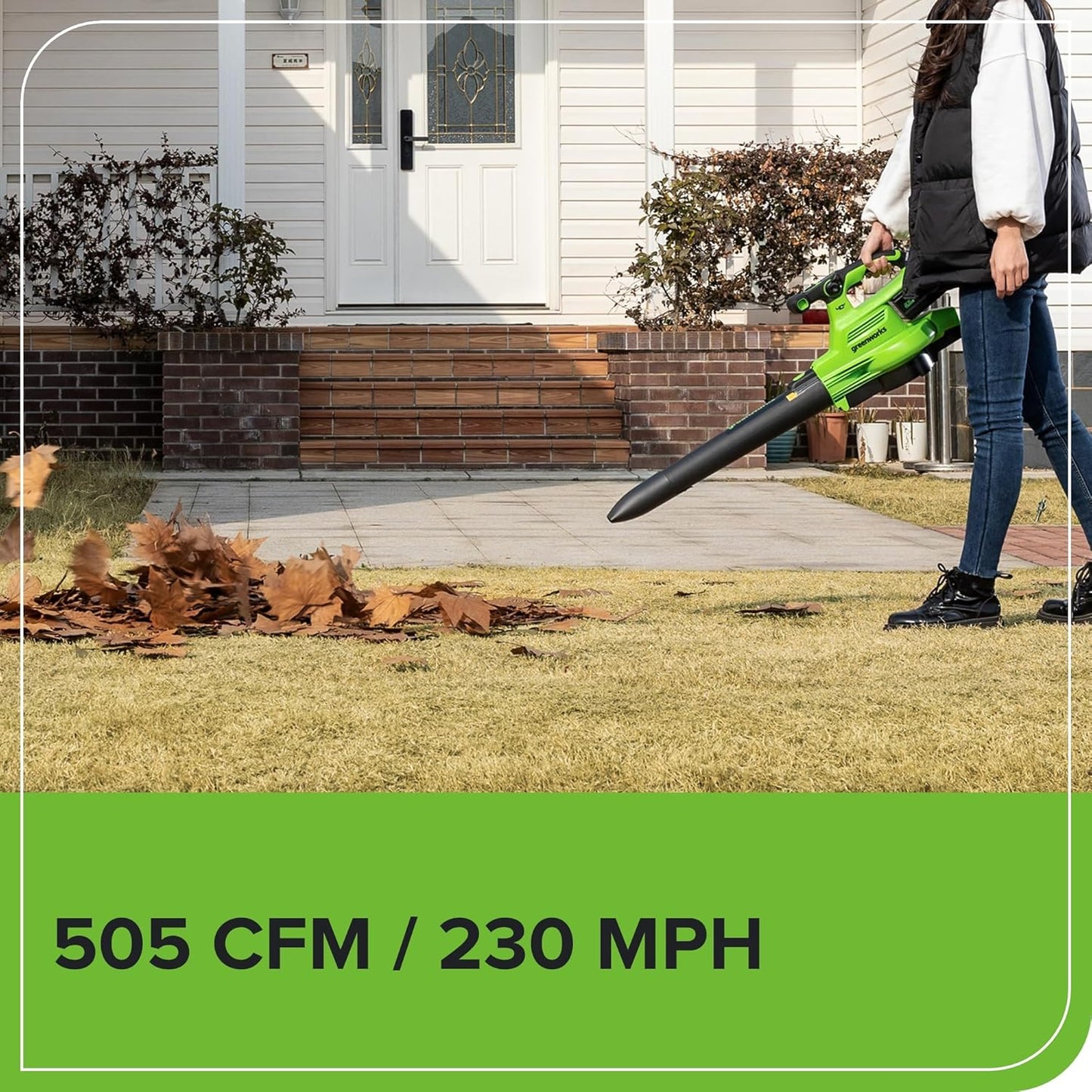 Greenworks 40V (230 MPH / 505 CFM) Cordless Brushless Leaf Blower/Vacuum with Bag, High Power, Lightweight & Quiet for Yard Debris Cleanup, Battery and Charger not included