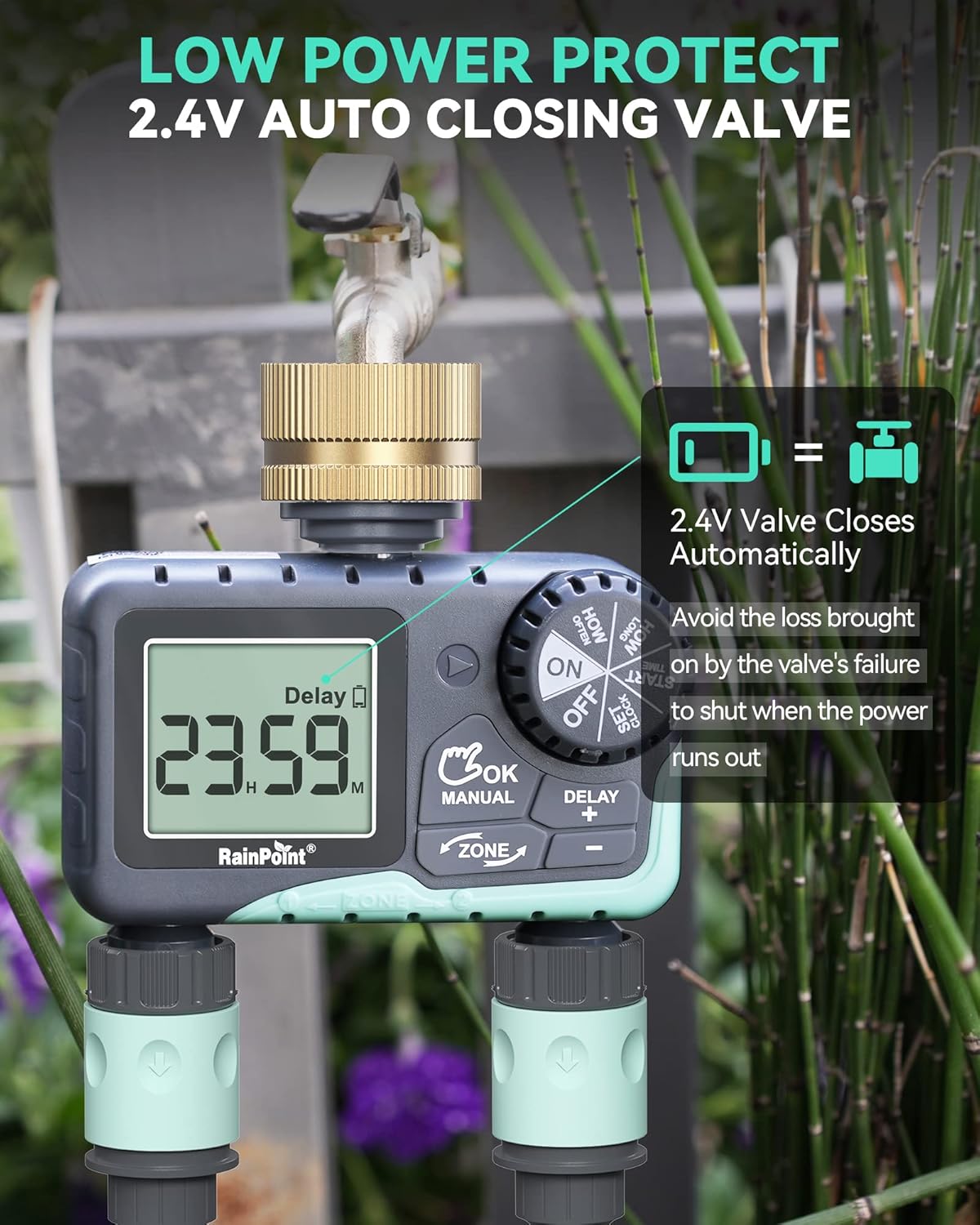 RAINPOINT 2 Zone Sprinkler Timer with Brass Swivel - 2pcs Water Timer for Garden Hose with Rain Delay/Manual Watering/Automatic Irrigation System - Programmable Faucet Timer for Yard Lawn