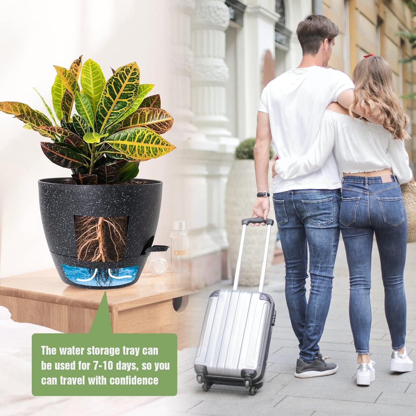 10/9/8 inch Self Watering Pots, Set of 3 Plastic Planters with Mesh Drainage Holes and Deep Reservoir for Indoor Outdoor Garden Plants and Flowers, Black Speckles