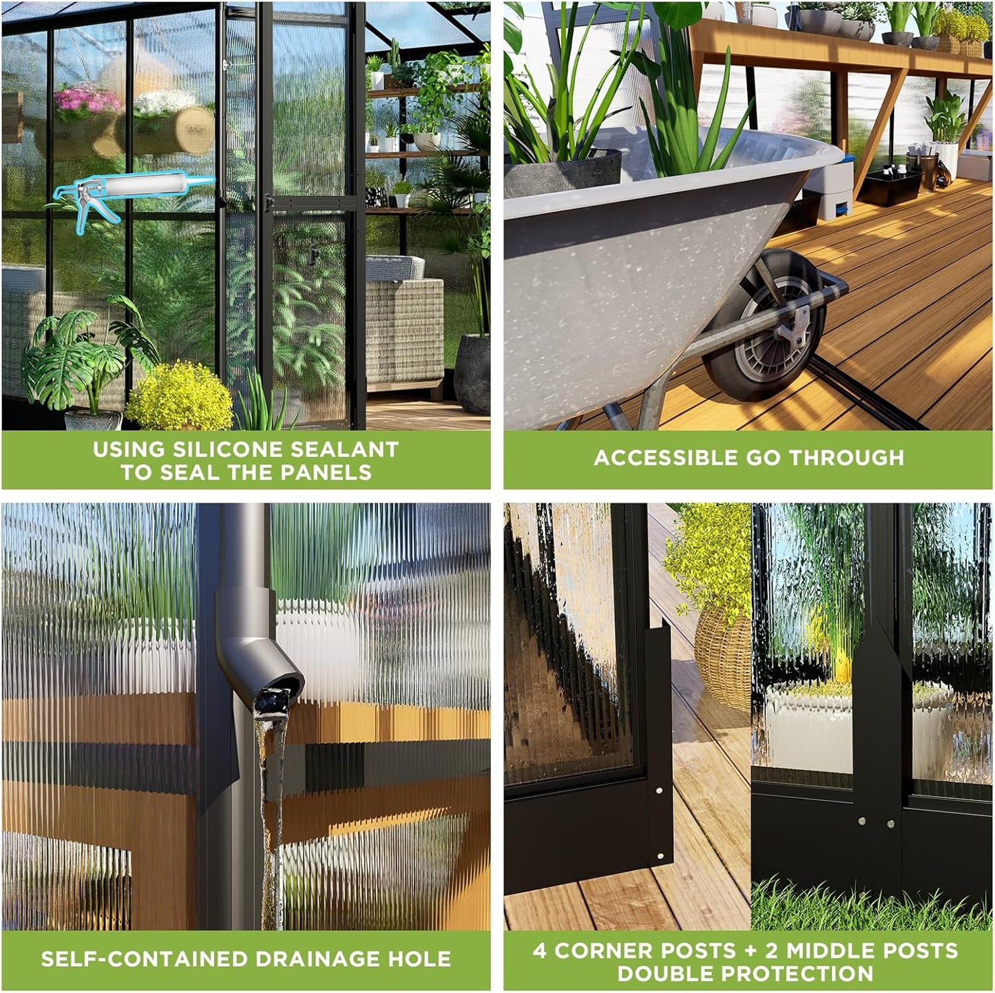 HOWE 8x10x7.5 FT Polycarbonate Greenhouse Double Swing Doors 2 Vents 5.2FT Added Wall Height, Walk-in Large Aluminum Greenhouse Sunroom Winter Greenhouse for Outdoors, Black (54FG-5)